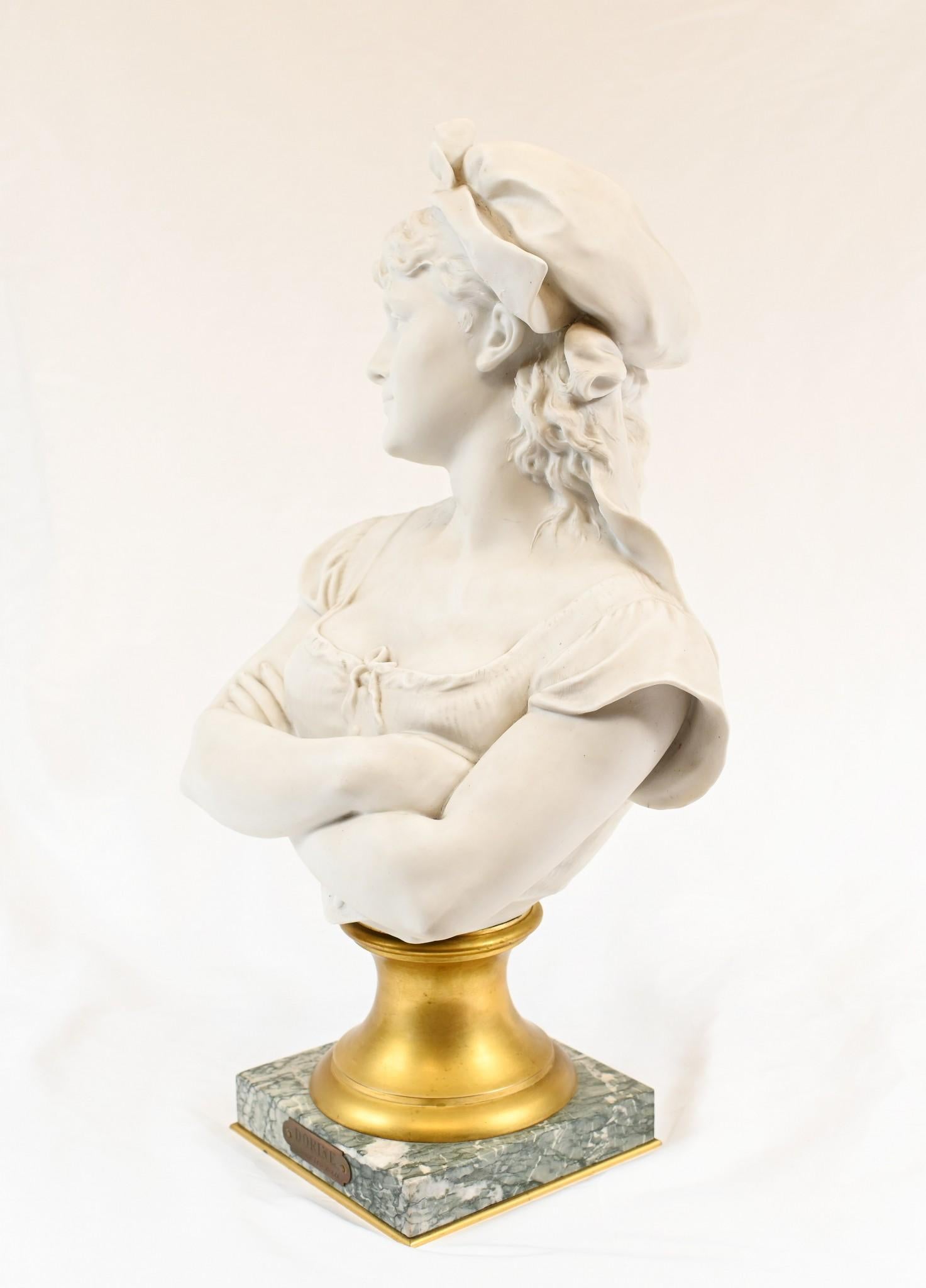 Wonderful Belgium antique biscuit porcelain bust of a young girl
On the base the enscription reads: Dorine Sculp Leop Harze
Léopold Harzé (1831–1893) was a Belgian sculptor who worked in Brussels. He is well known for his terracotta pieces, but also