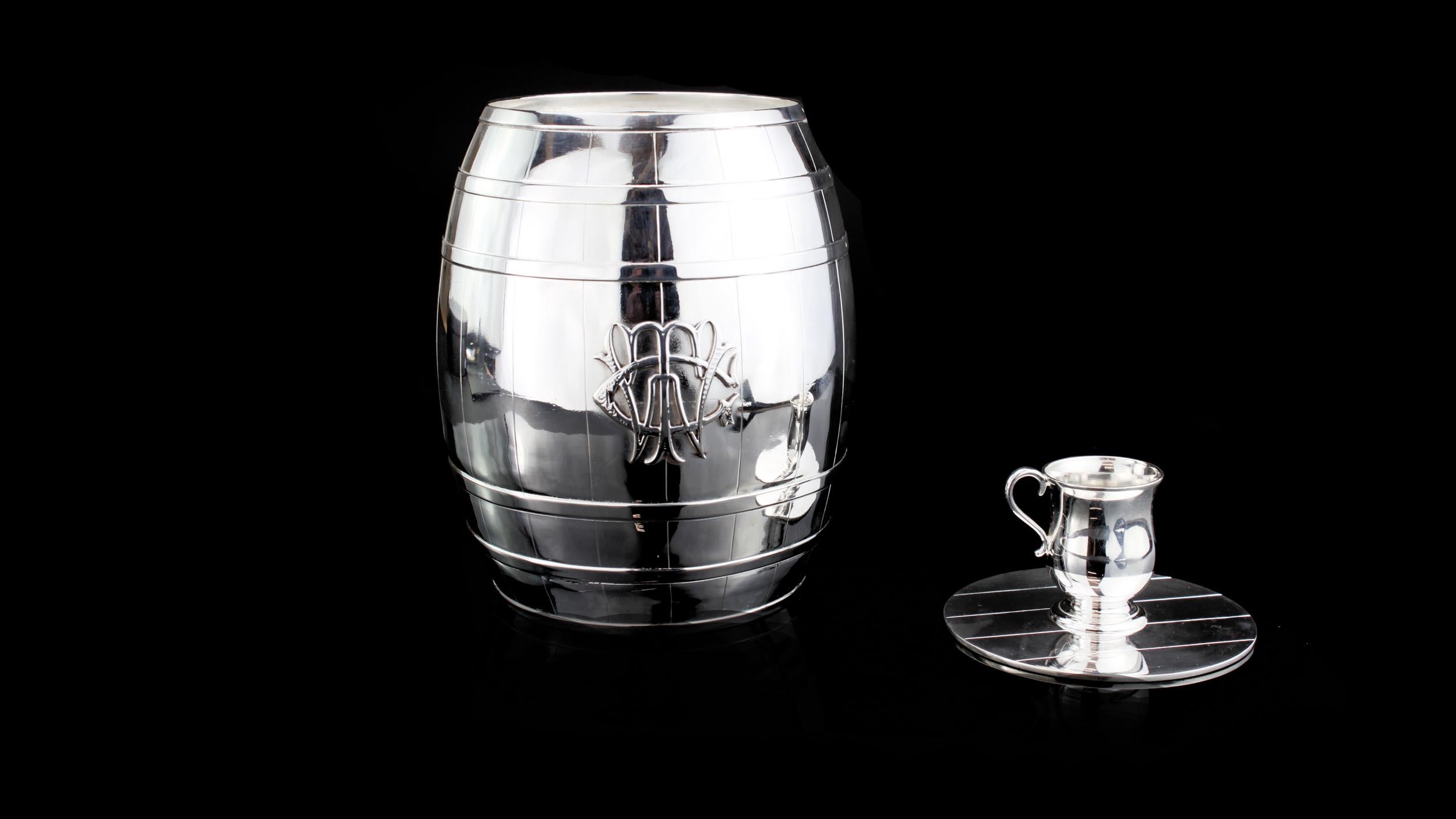 Sterling Silver Antique Biscuit Caddy in a Form of a Barrel with Attached Drinking Cup on a Top For Sale