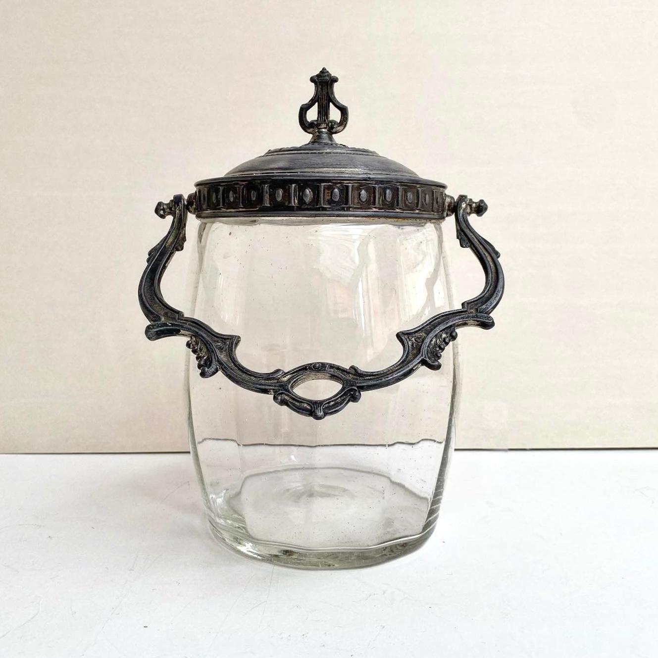 French Antique Biscuit or Cookie Jar in Glass and Brass From, France