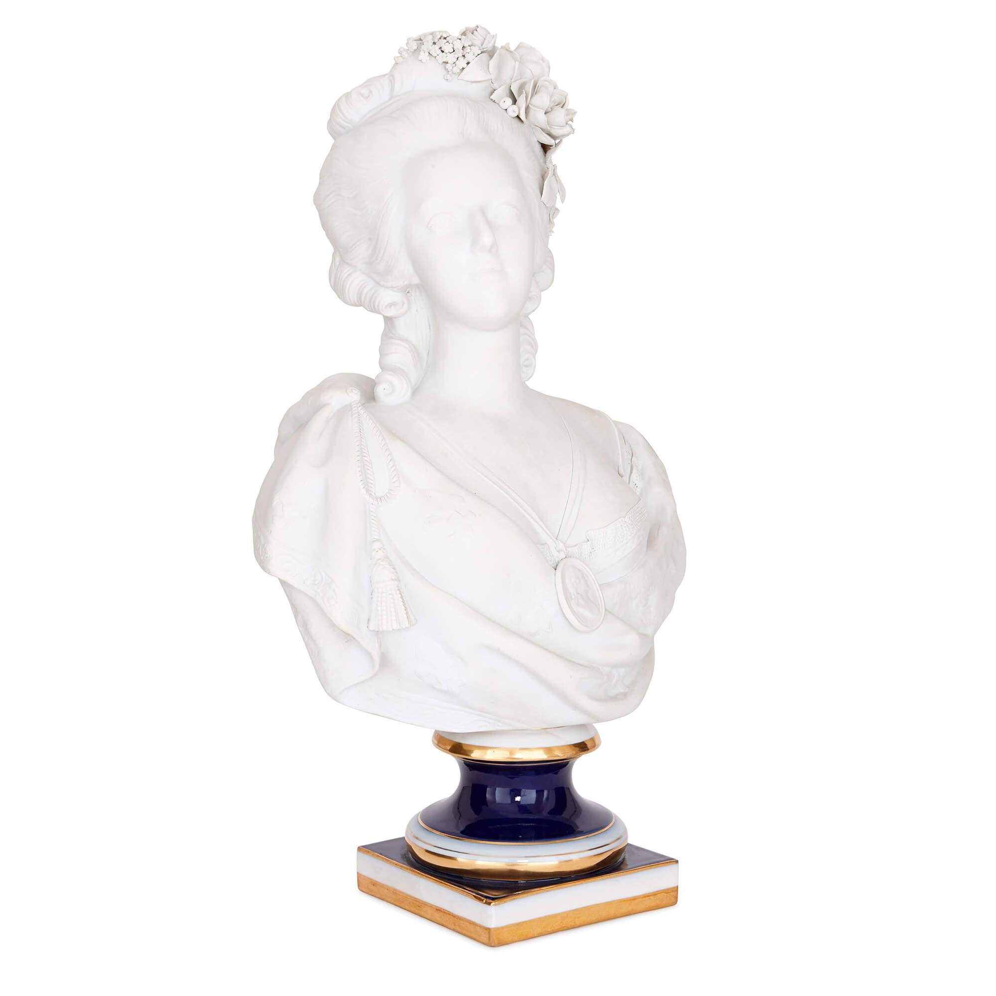 This antique bust of Marie Antoinette has been gracefully crafted in biscuit porcelain after the fashionable Sevres style. Biscuit, or bisque, describes the technique whereby the porcelain is left unglazed, in its pure white state. This method