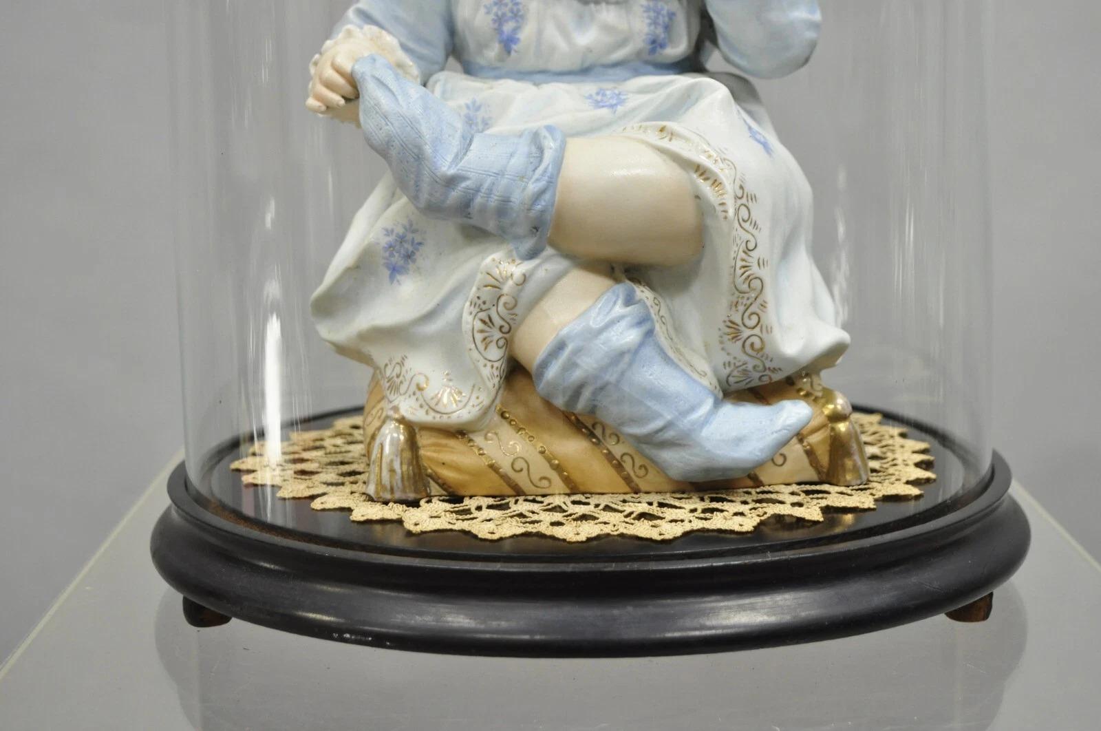 Antique Bisque Porcelain Seated Baby Figurine in Circular Glass Display Cloche For Sale 4
