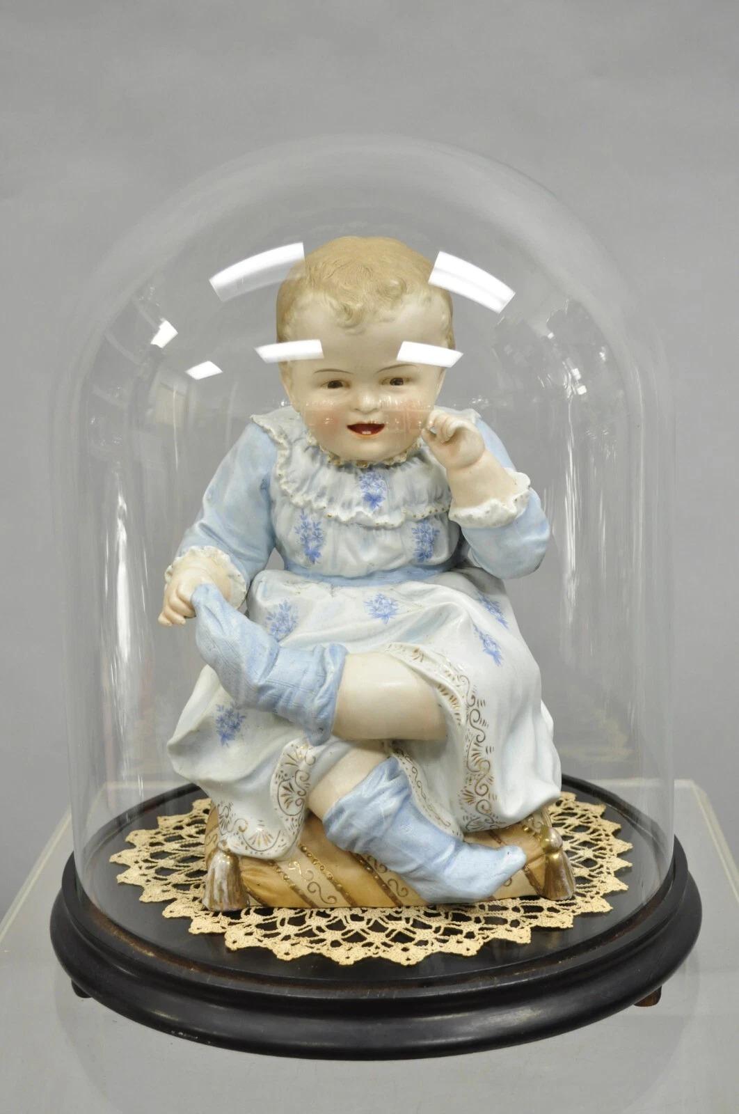Antique Bisque Porcelain Seated Baby Figurine in Circular Glass Display Cloche For Sale 6