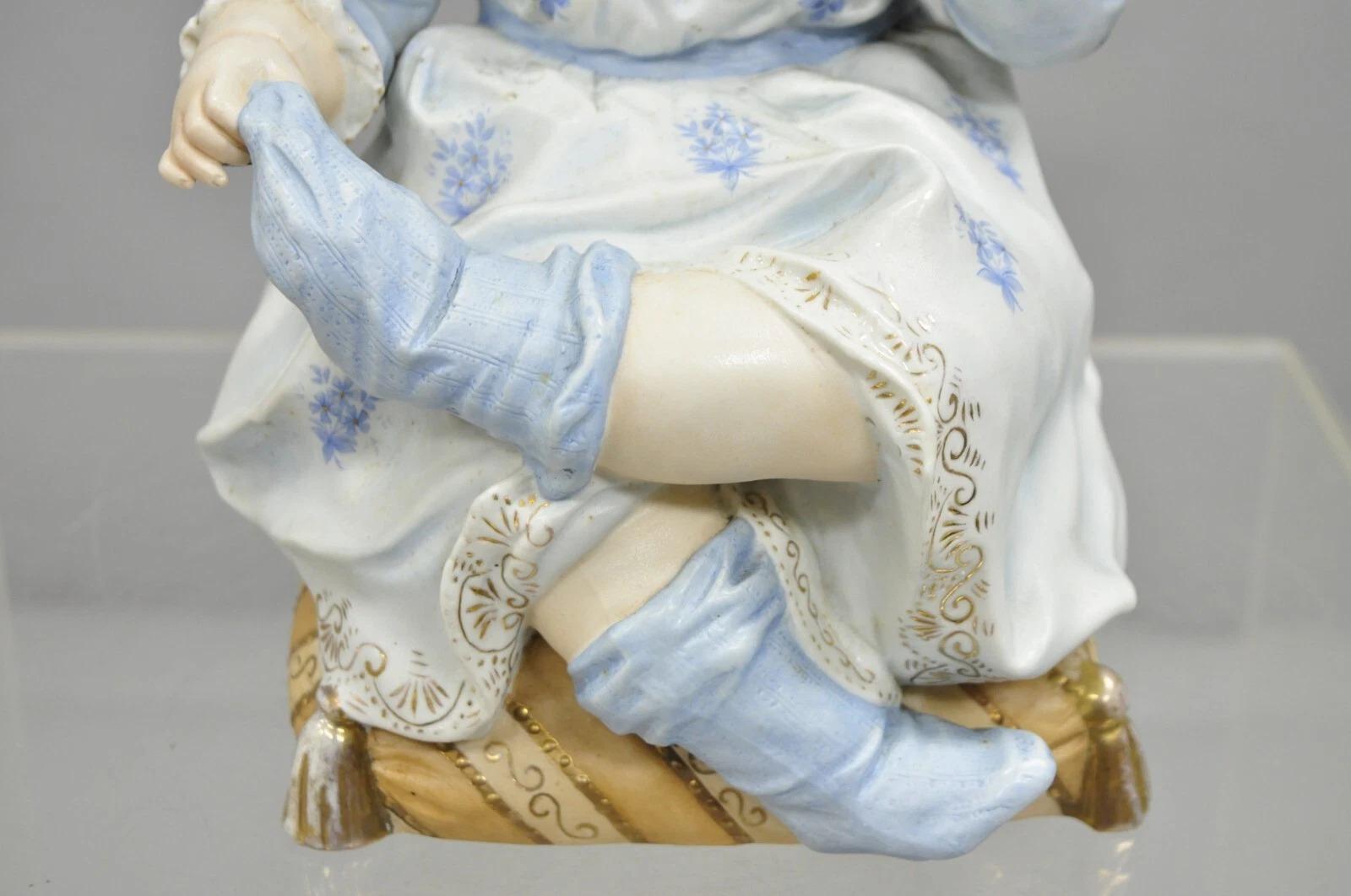 Antique Bisque Porcelain Seated Baby Figurine in Circular Glass Display Cloche In Good Condition For Sale In Philadelphia, PA
