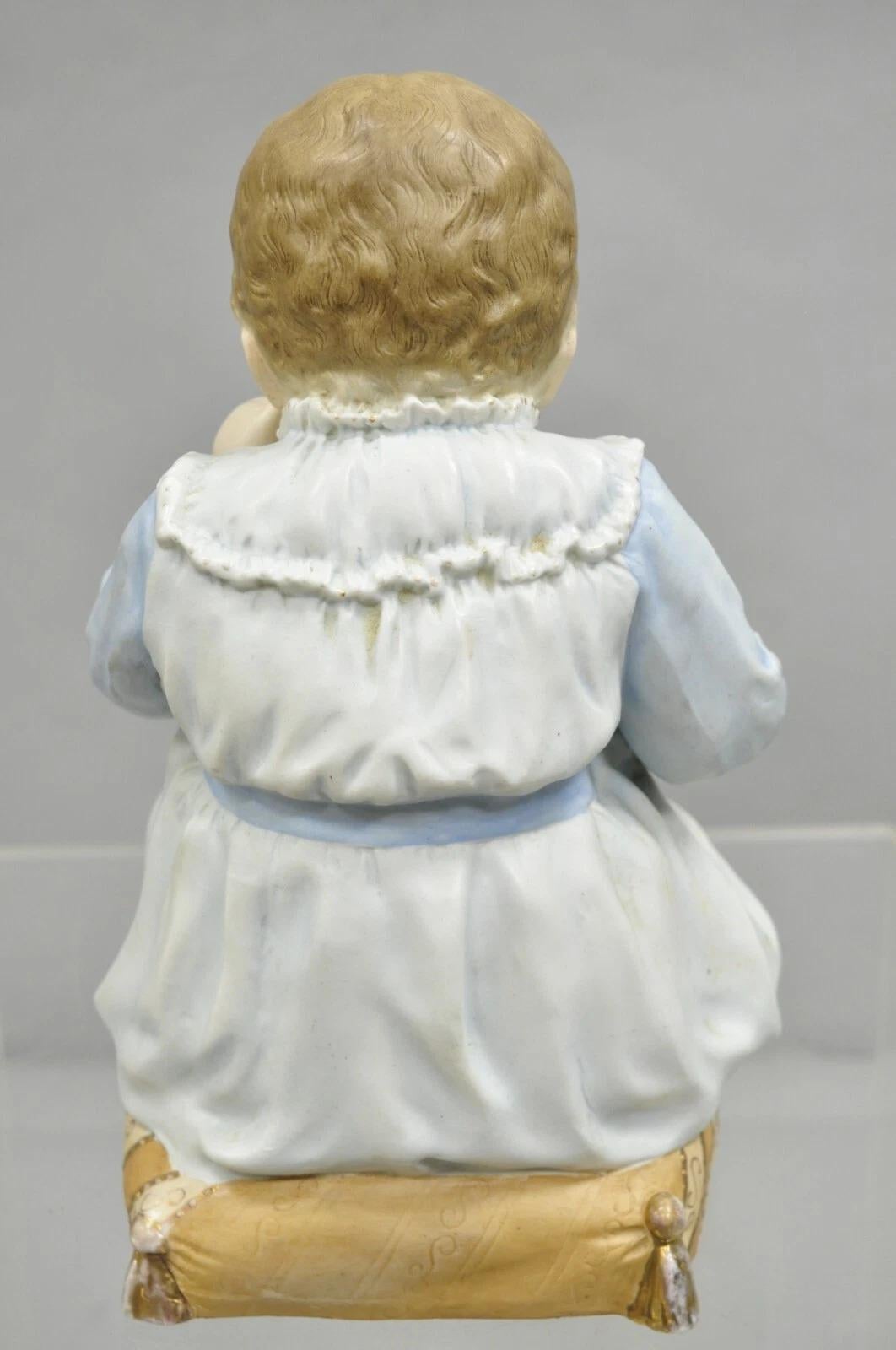 Antique Bisque Porcelain Seated Baby Figurine in Circular Glass Display Cloche For Sale 1