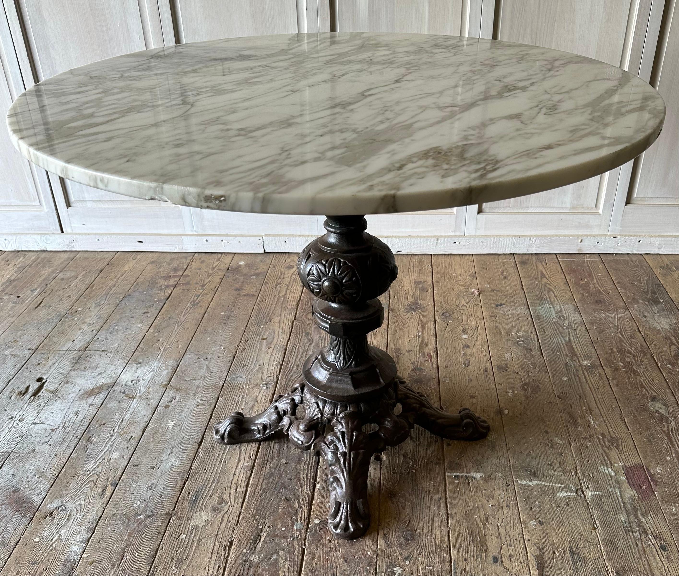 French Antique Bistro Dining Base Table with White Marble Top For Sale