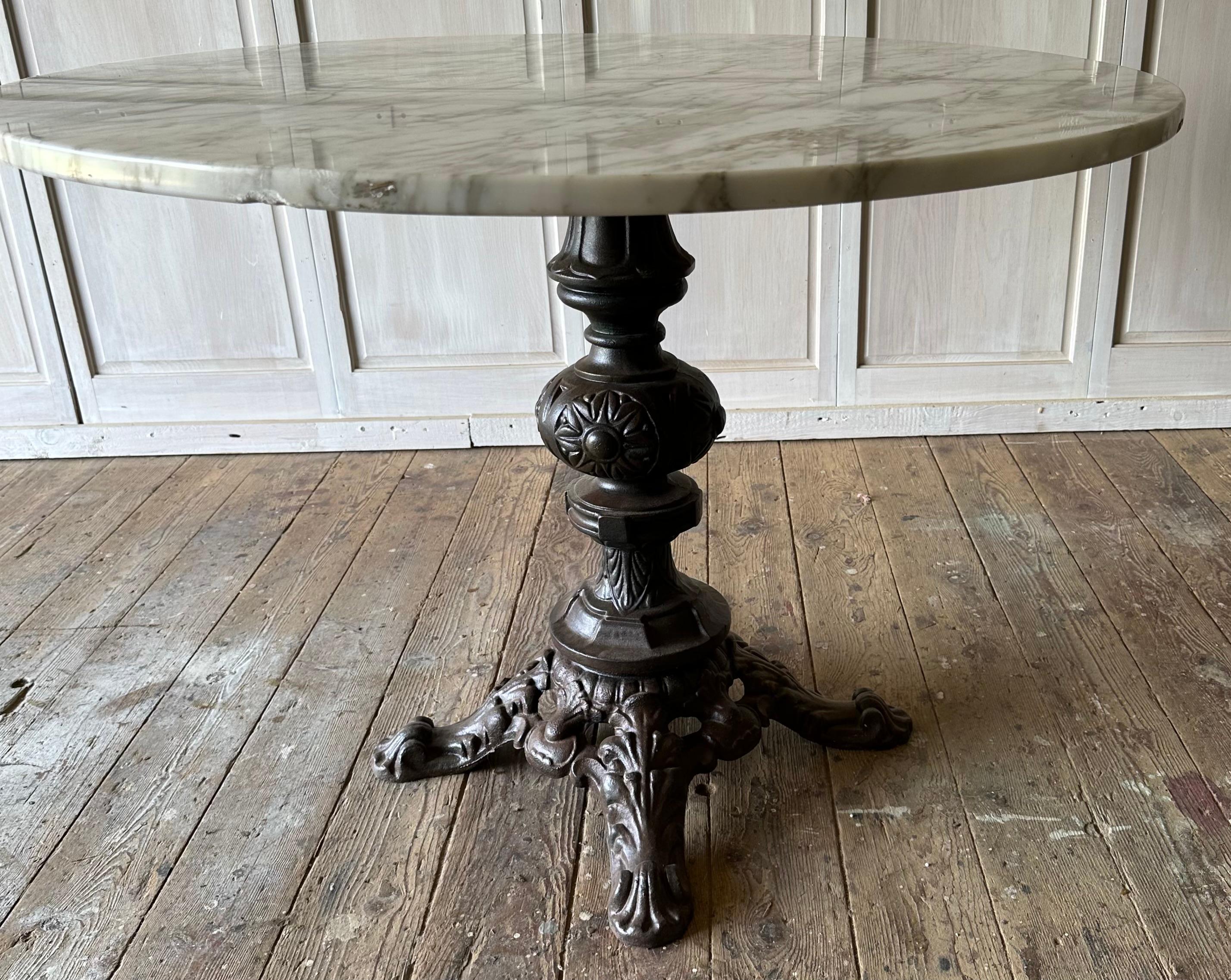 Cast Antique Bistro Dining Base Table with White Marble Top For Sale