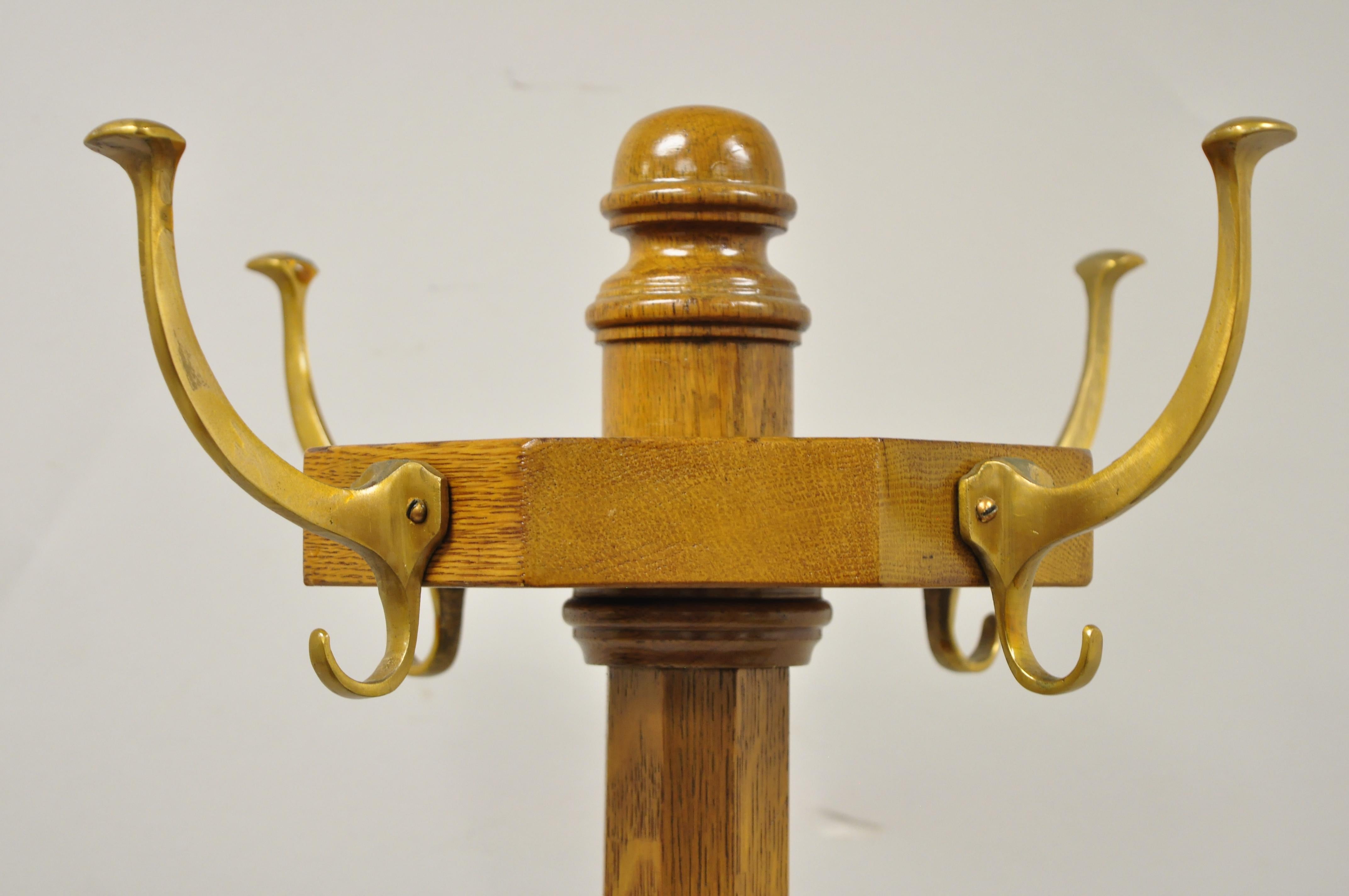 Brass Antique BL Marble Chair Co. Oak Wood Revolving Arts & Crafts Coat Tree Stand