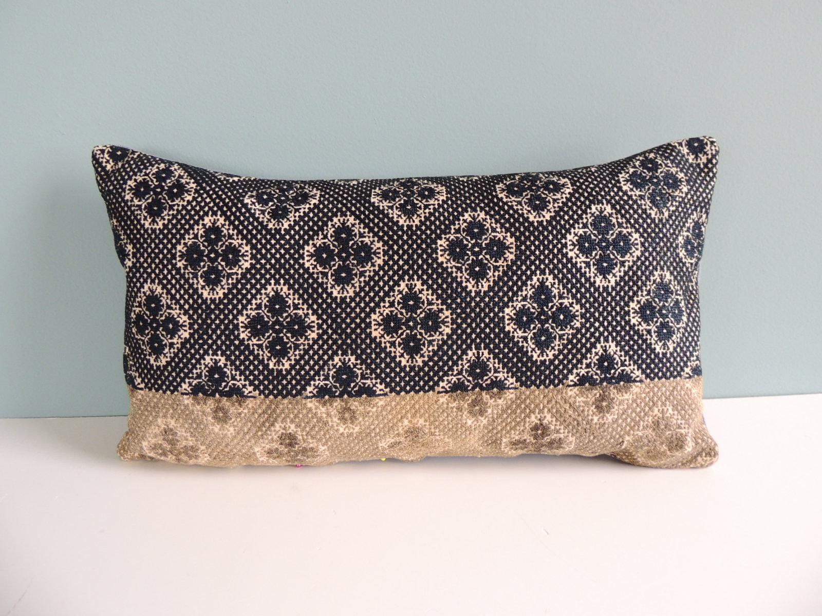 Antique black and grey ombre fez decorative lumbar pillow with blue antique linen backing.
Decorative pillow handcrafted and designed in the USA. 
Closure by stitch (no zipper closure) with custom-made feather / down pillow insert.
Size: 11