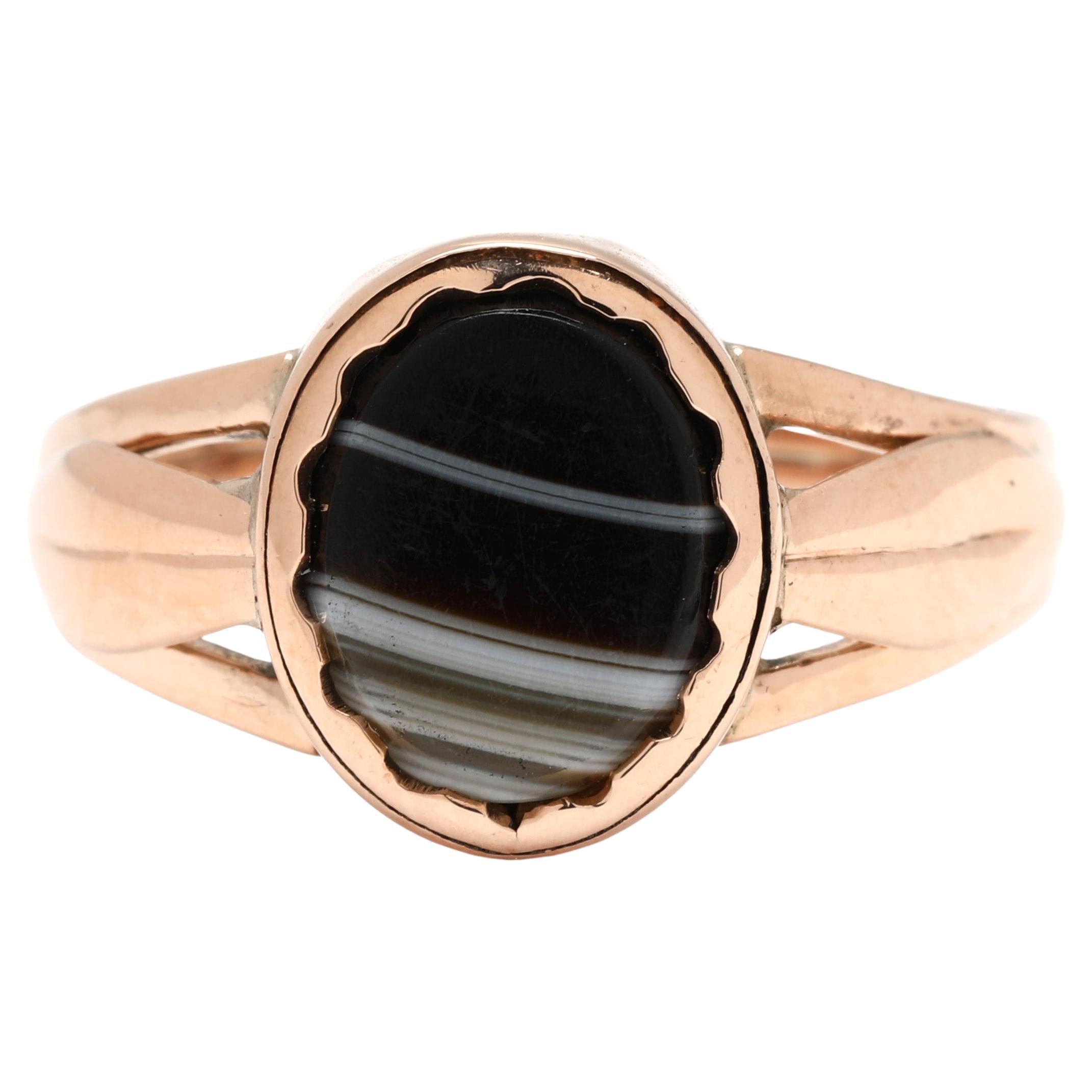 Anillo ovalado antiguo de ágata negra y blanca en banda, oro amarillo de 10k, tamaño del anillo 7,75