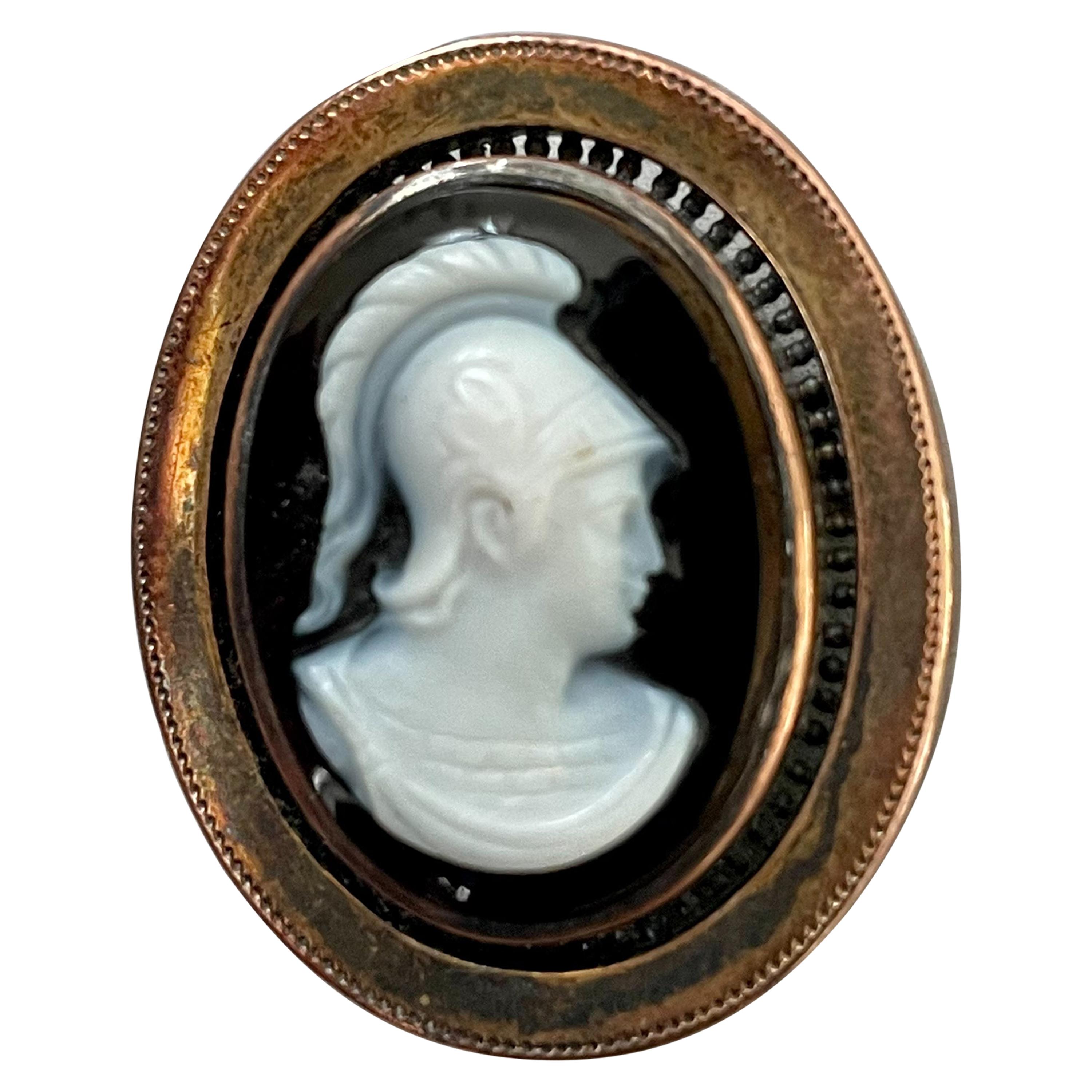 Antique Black and White Stone and 14 Karat Yellow Gold Cameo For Sale