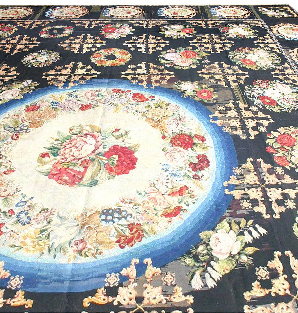 French Antique Black Background Botanic Needlework Rug For Sale