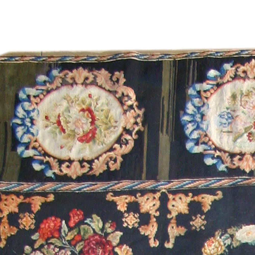 Antique Black Background Botanic Needlework Rug In Good Condition For Sale In New York, NY