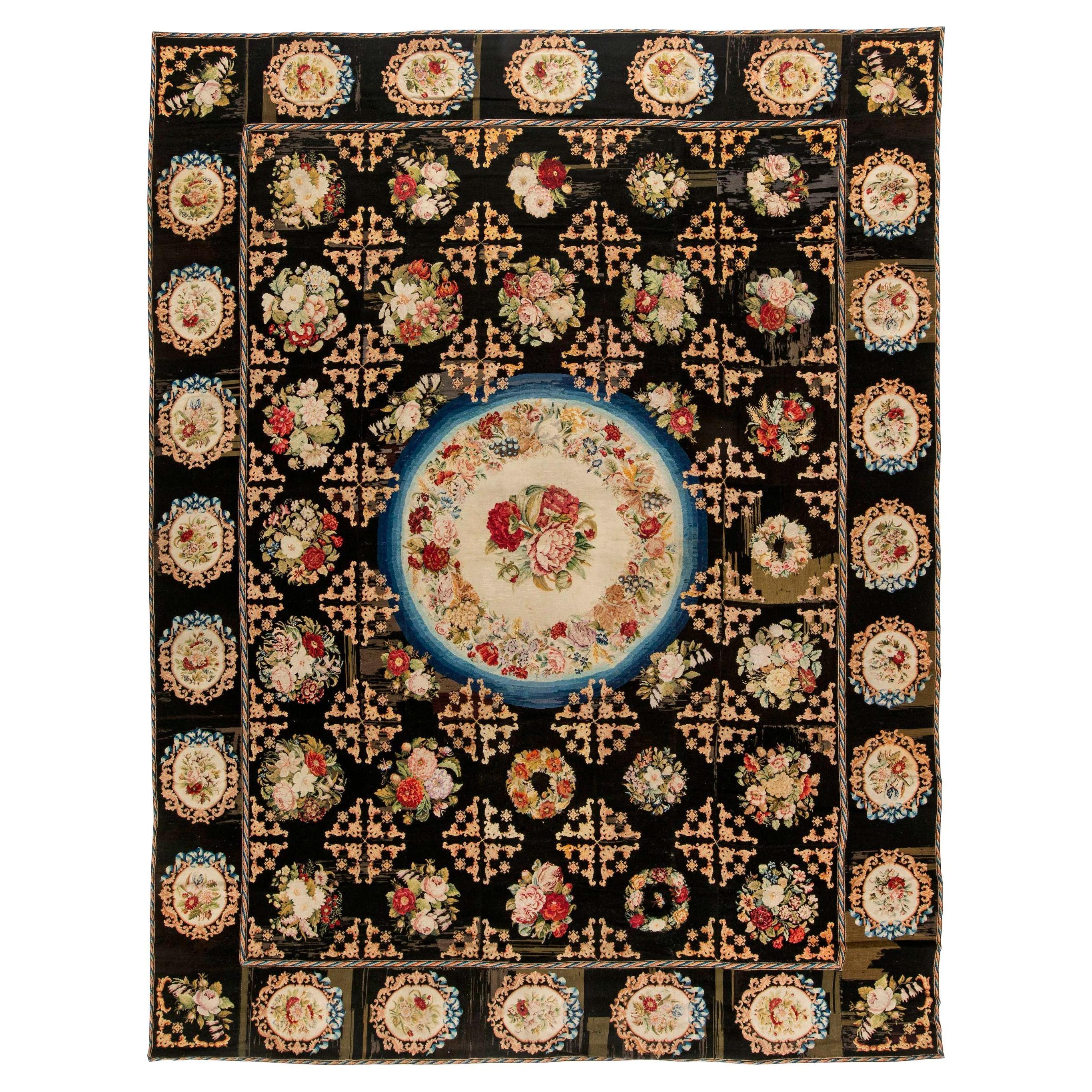 Doris Leslie Blau Antique Black Background Botanic Needlework Rug For Sale