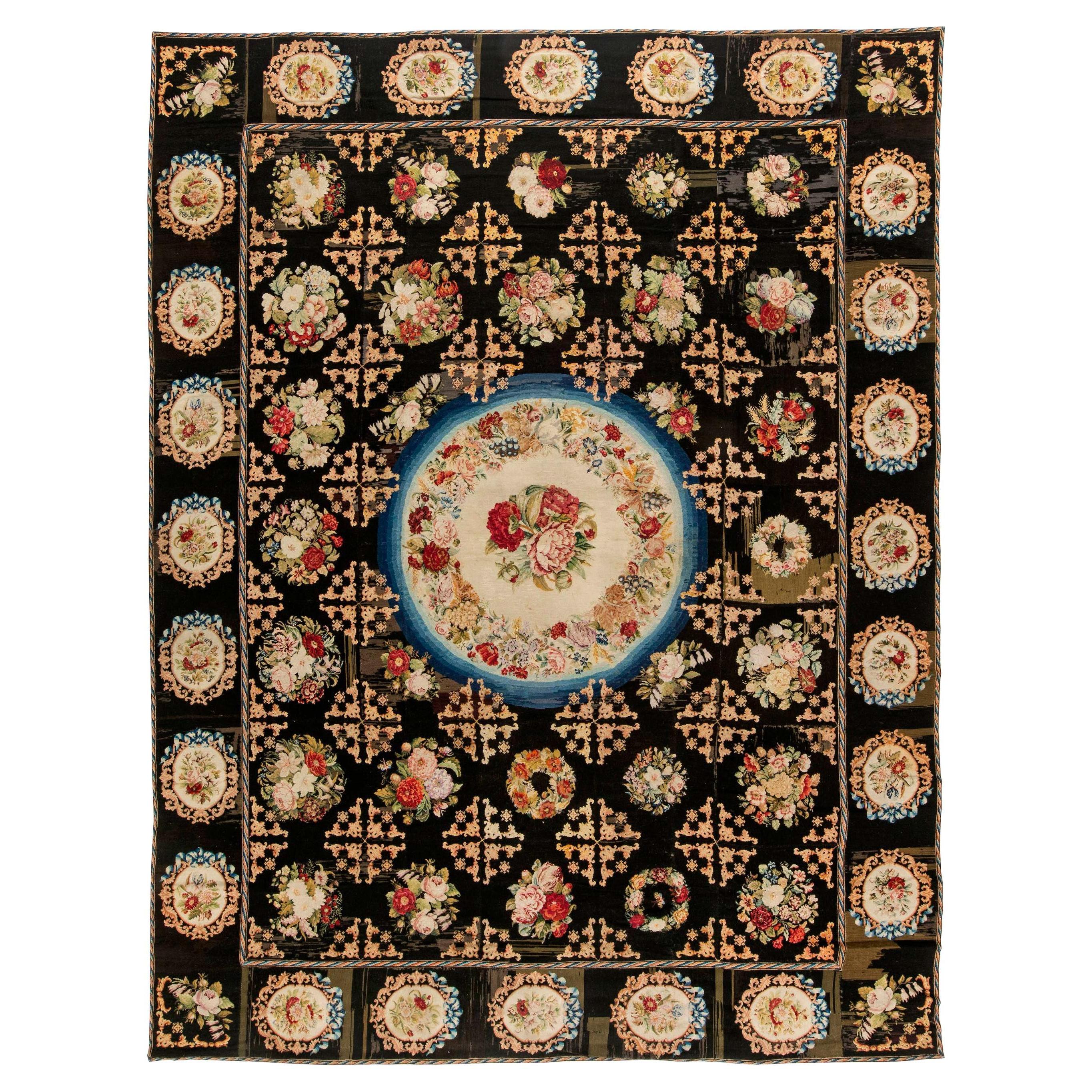 Antique Black Background Botanic Needlework Rug For Sale