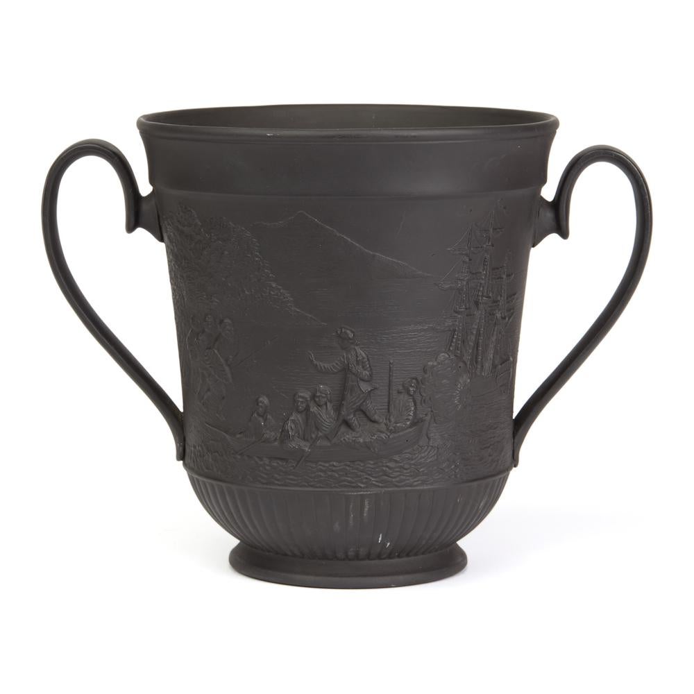 Molded Antique Black Basalt Captain Cook Commemorative Loving Cup, circa 1879