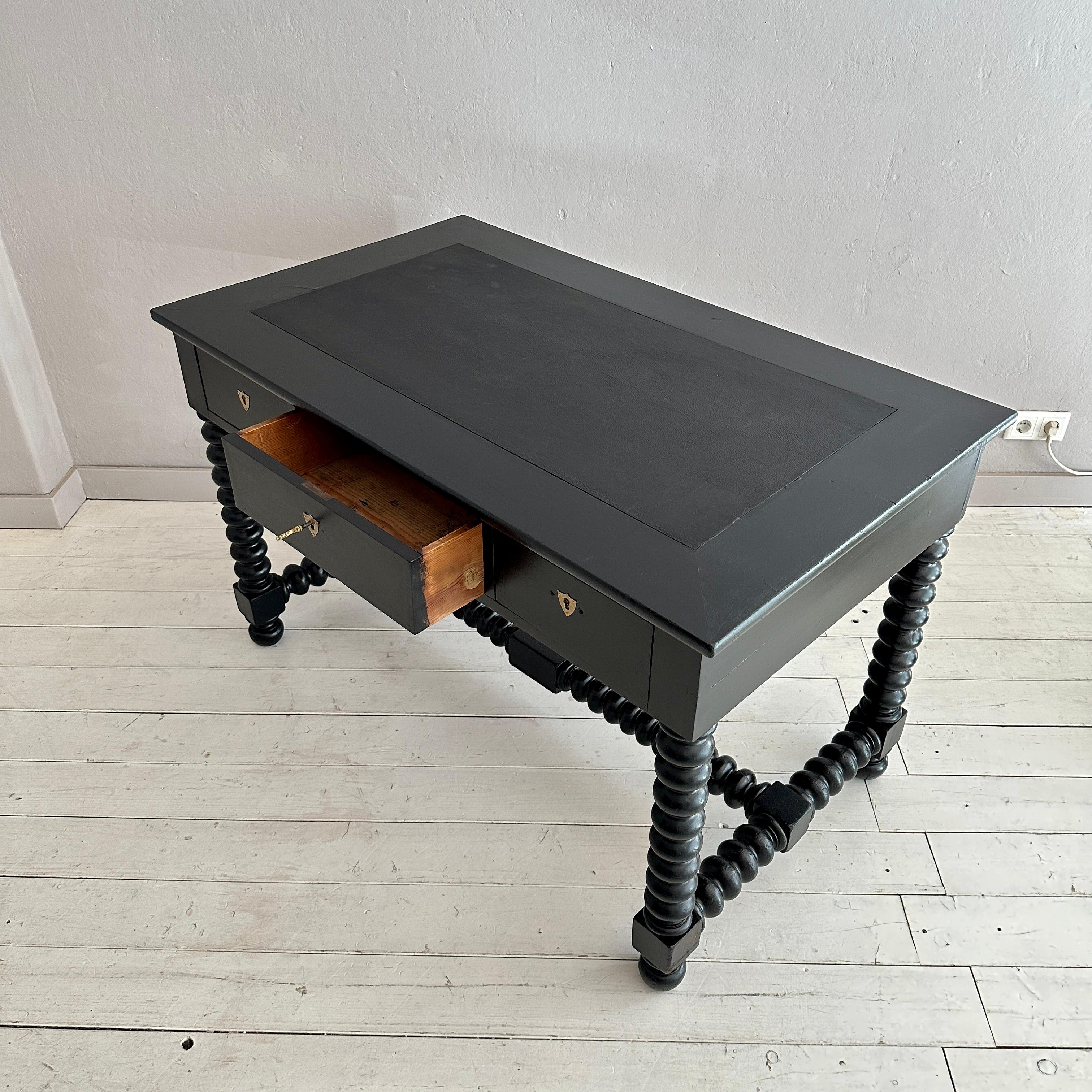 Antique Black Brutalist Desk with Turned Bobbin Feet, 1880s 4