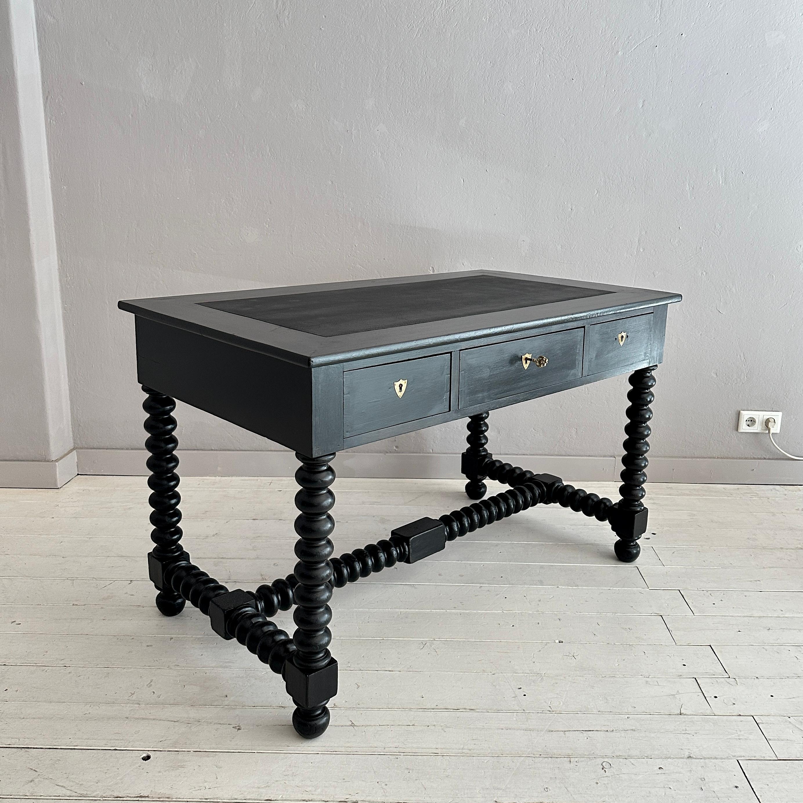 Antique Black Brutalist Desk with Turned Bobbin Feet, 1880s 5