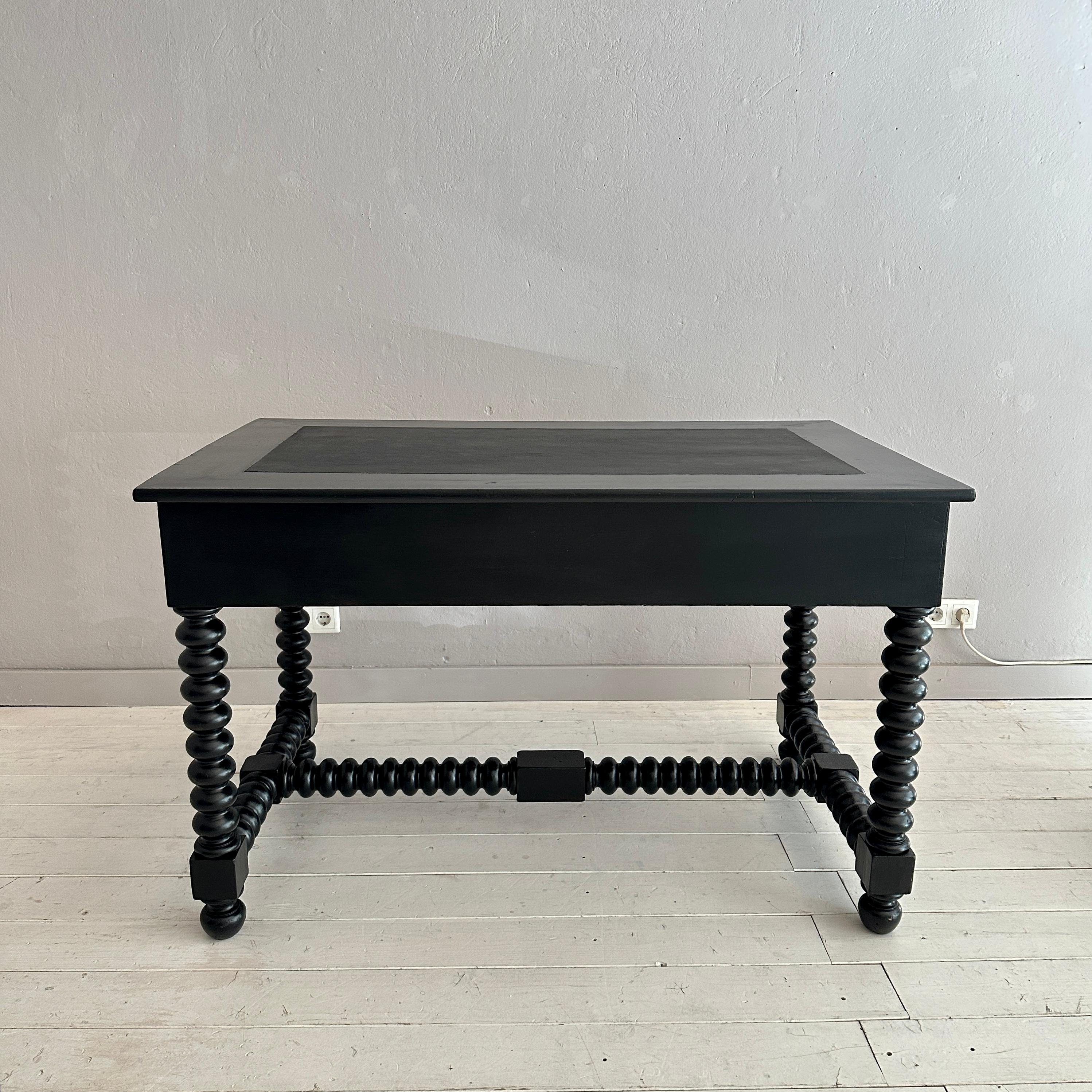 Antique Black Brutalist Desk with Turned Bobbin Feet, 1880s 6