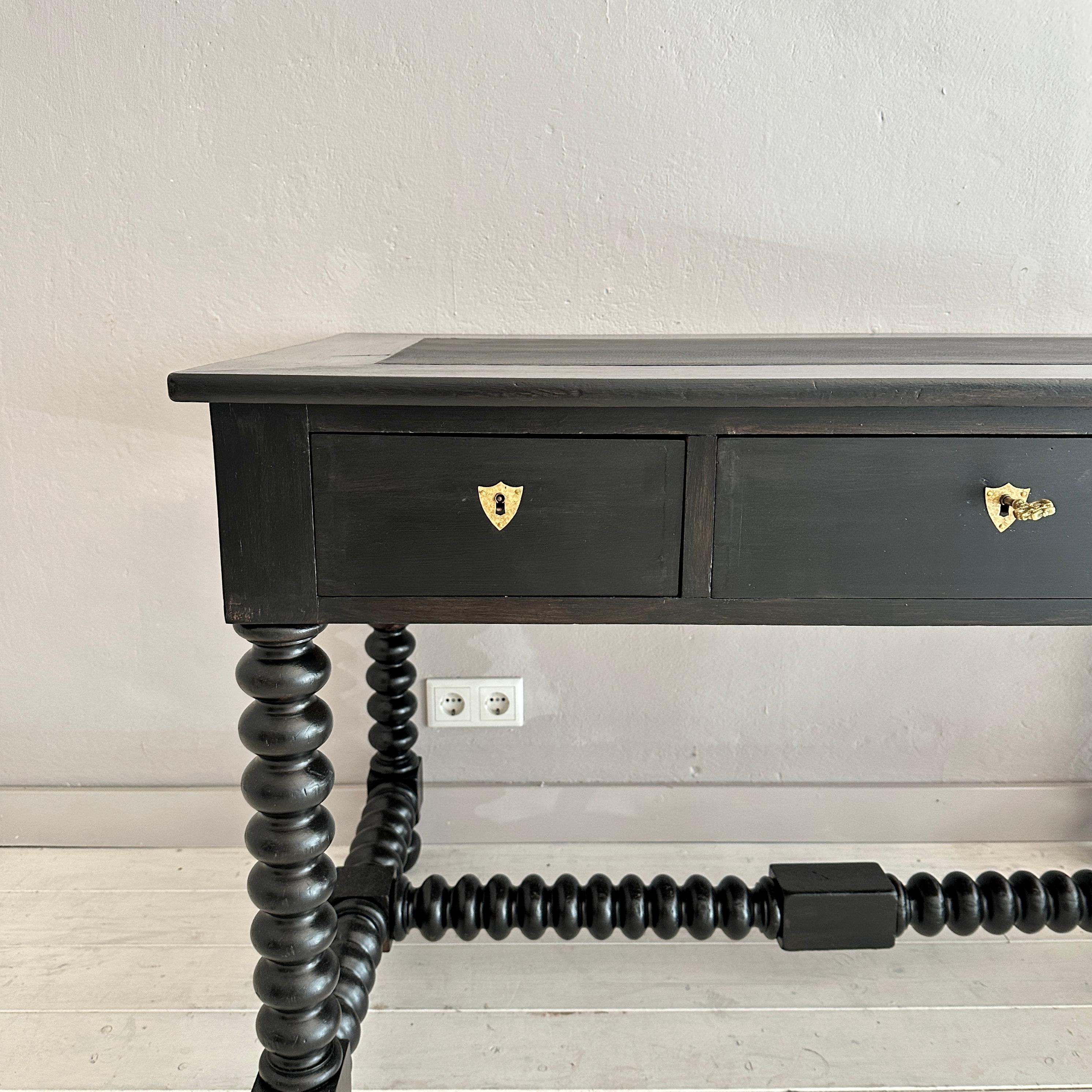 Antique Black Brutalist Desk with Turned Bobbin Feet, 1880s In Good Condition In Berlin, DE