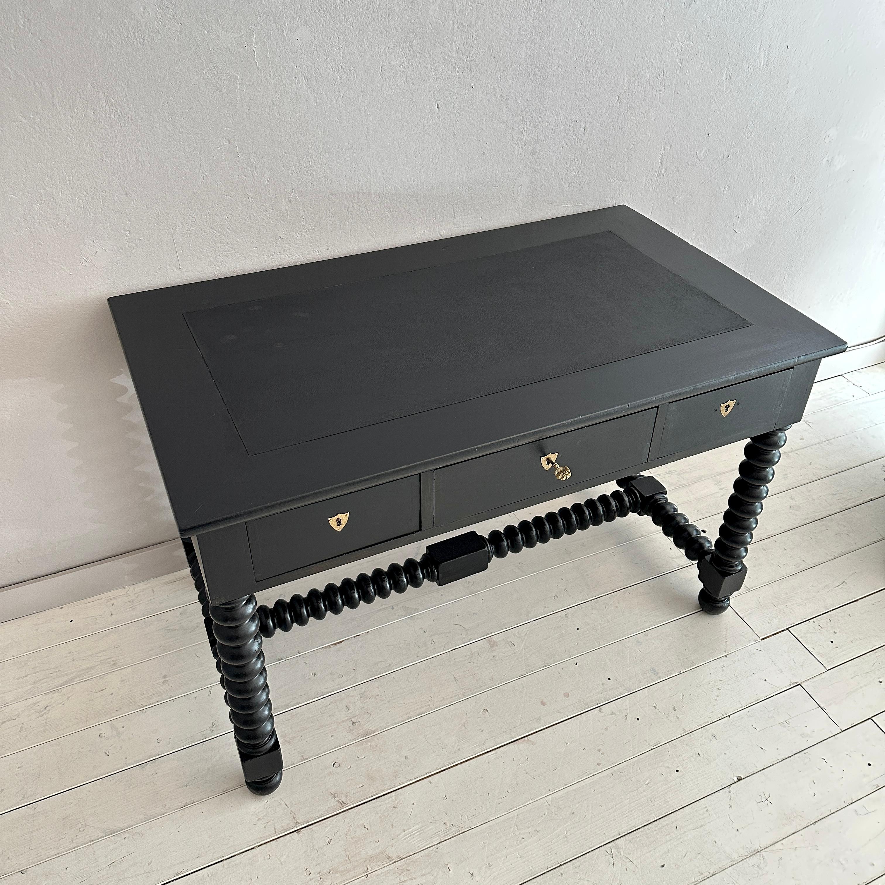Late 19th Century Antique Black Brutalist Desk with Turned Bobbin Feet, 1880s