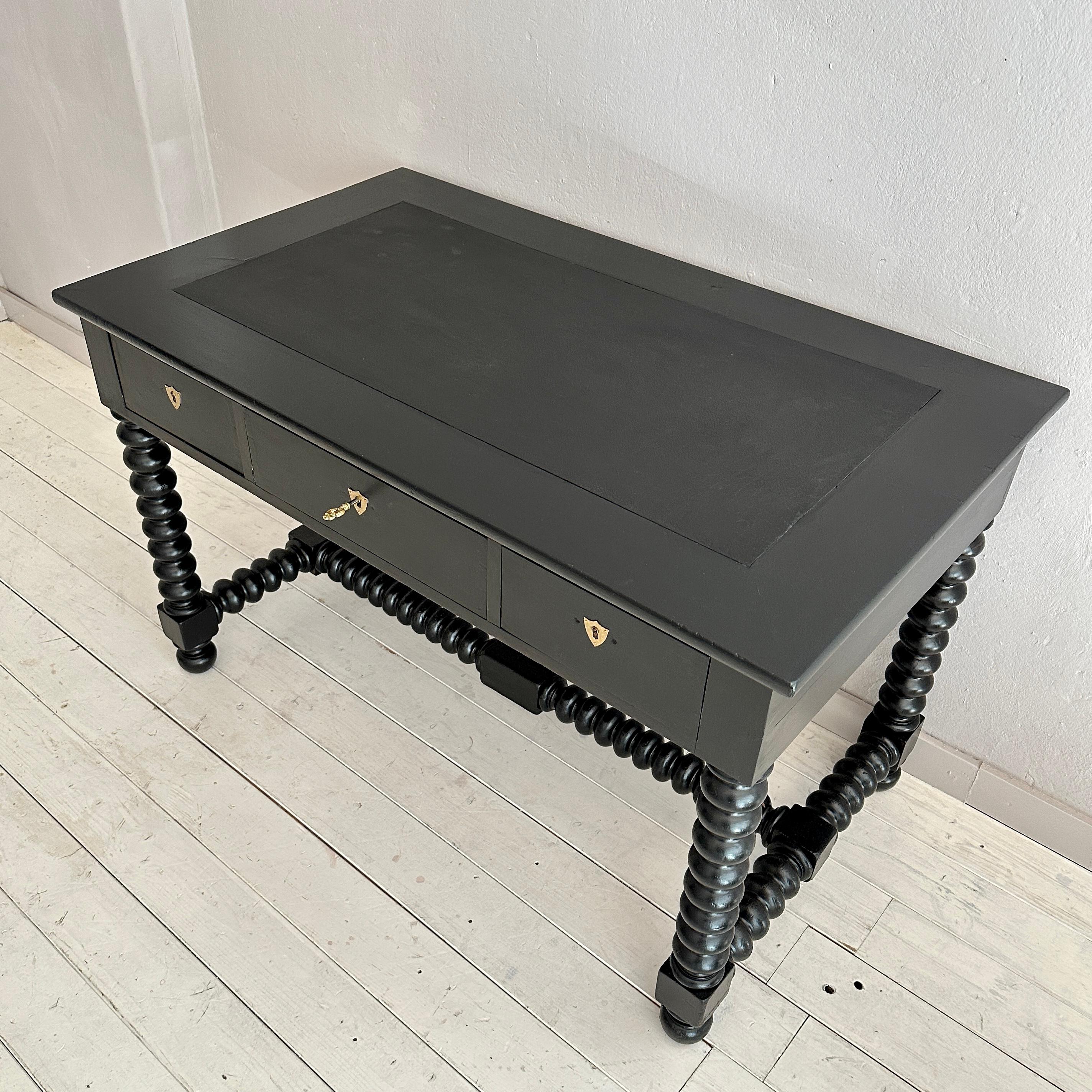 Oak Antique Black Brutalist Desk with Turned Bobbin Feet, 1880s