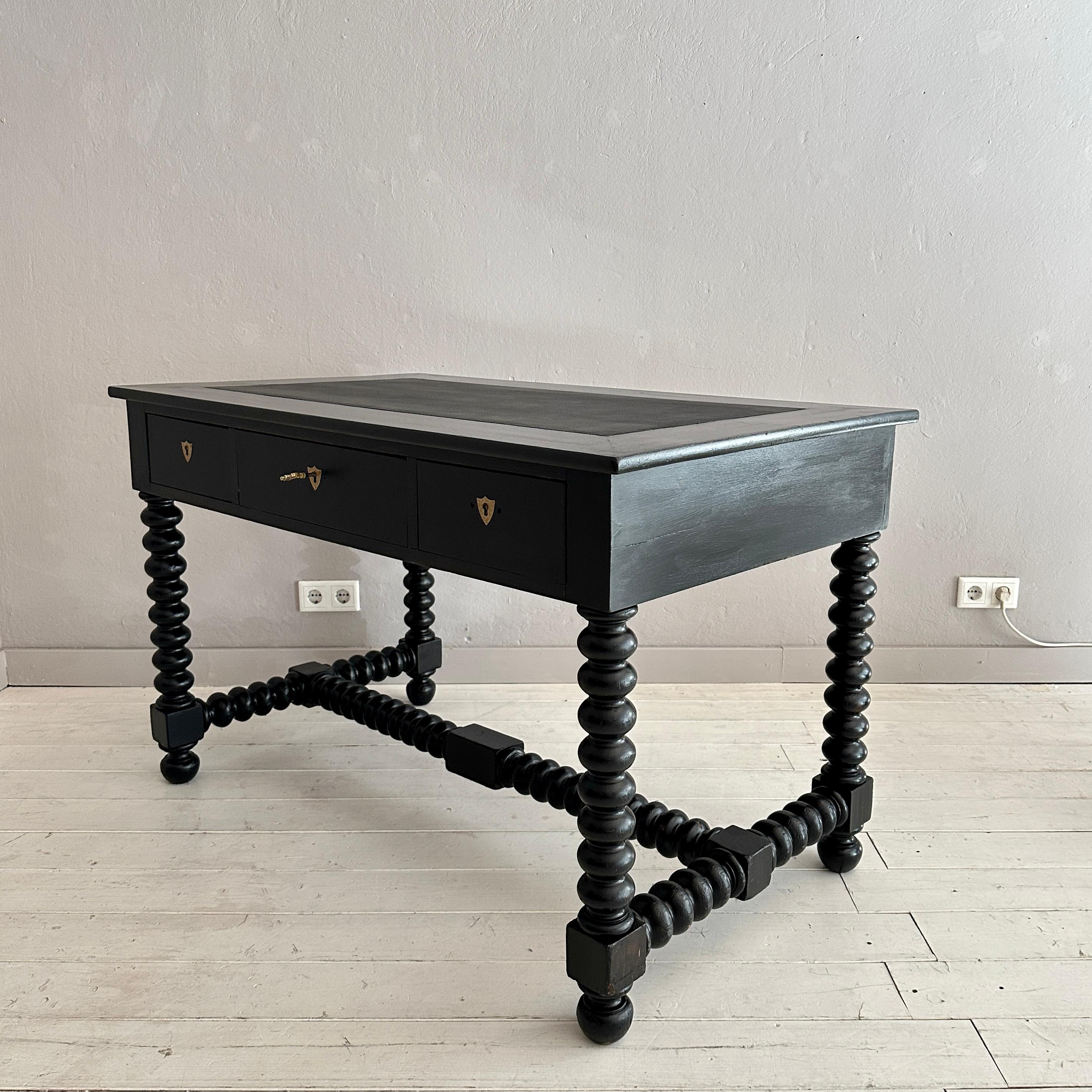 Antique Black Brutalist Desk with Turned Bobbin Feet, 1880s 1