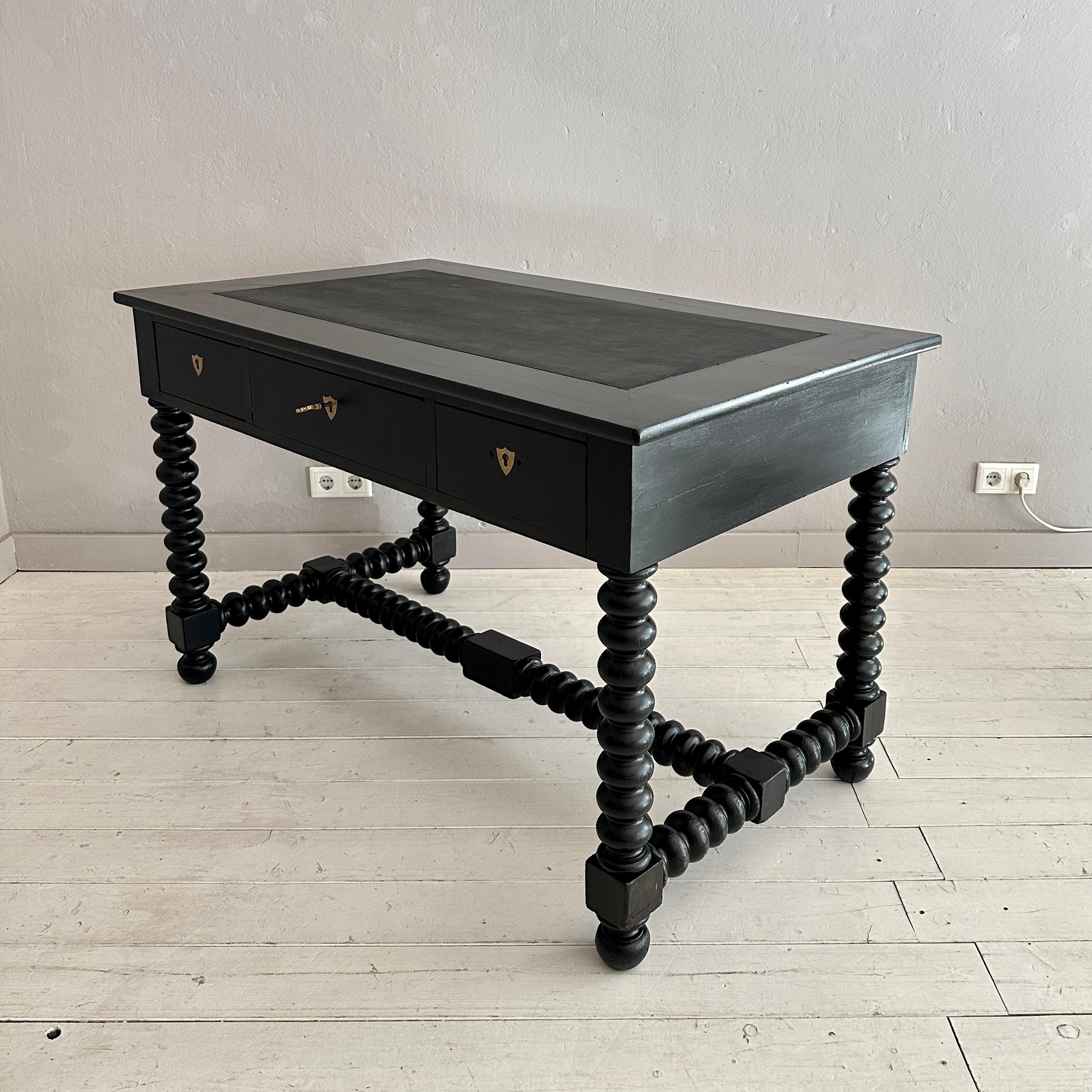 Antique Black Brutalist Desk with Turned Bobbin Feet, 1880s 2