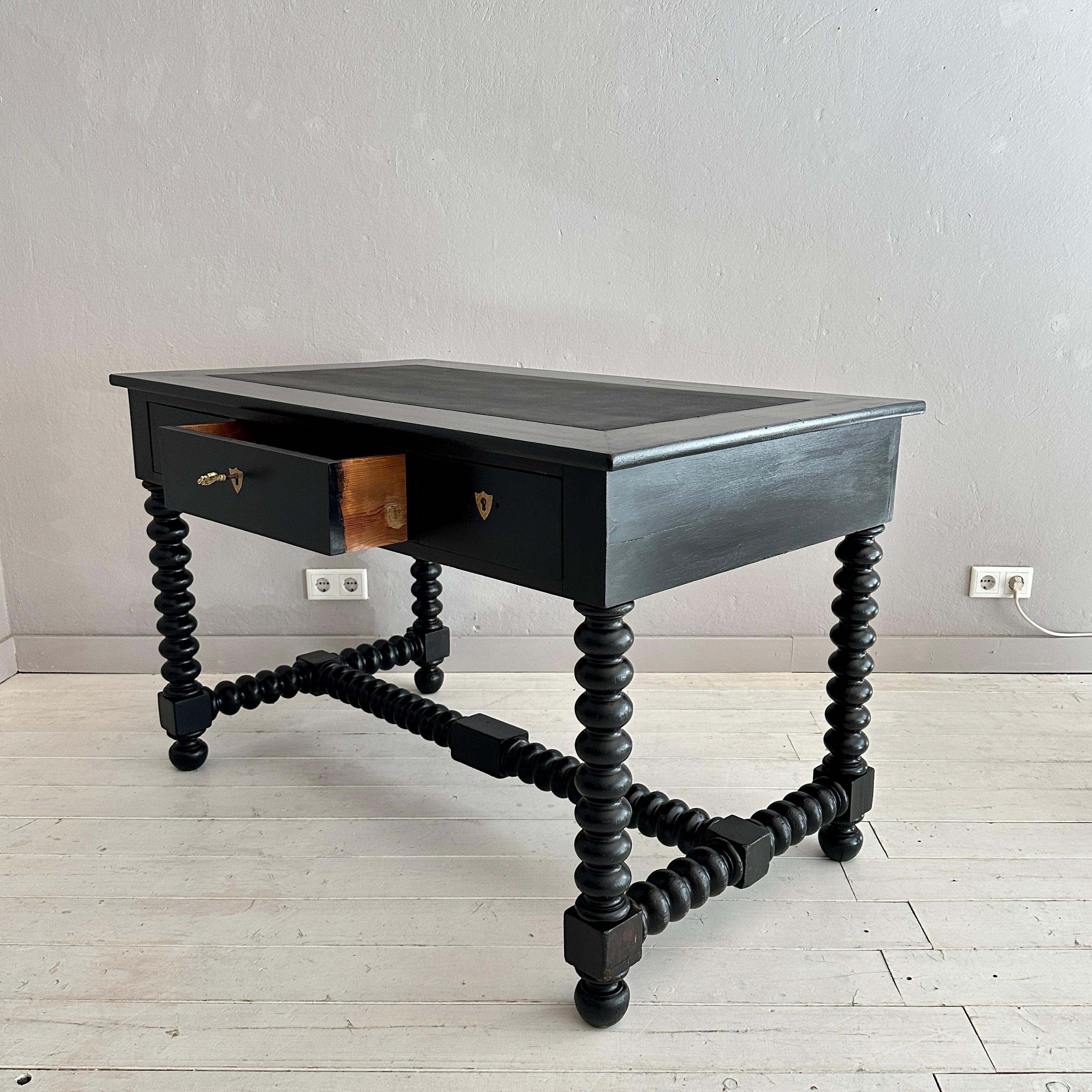Antique Black Brutalist Desk with Turned Bobbin Feet, 1880s 3