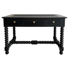 Antique Black Brutalist Desk with Turned Bobbin Feet, 1880s