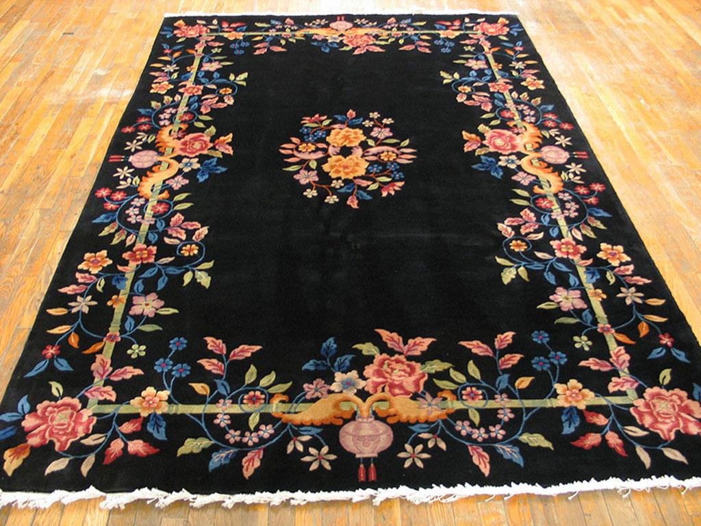 Antique Black Chinese - Art Deco rug. Measures: 6'2