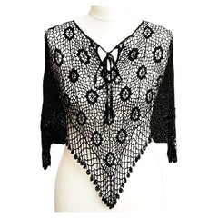 Antique Black Crochet Cape with Black Beaded Edging and Beaded Tassels