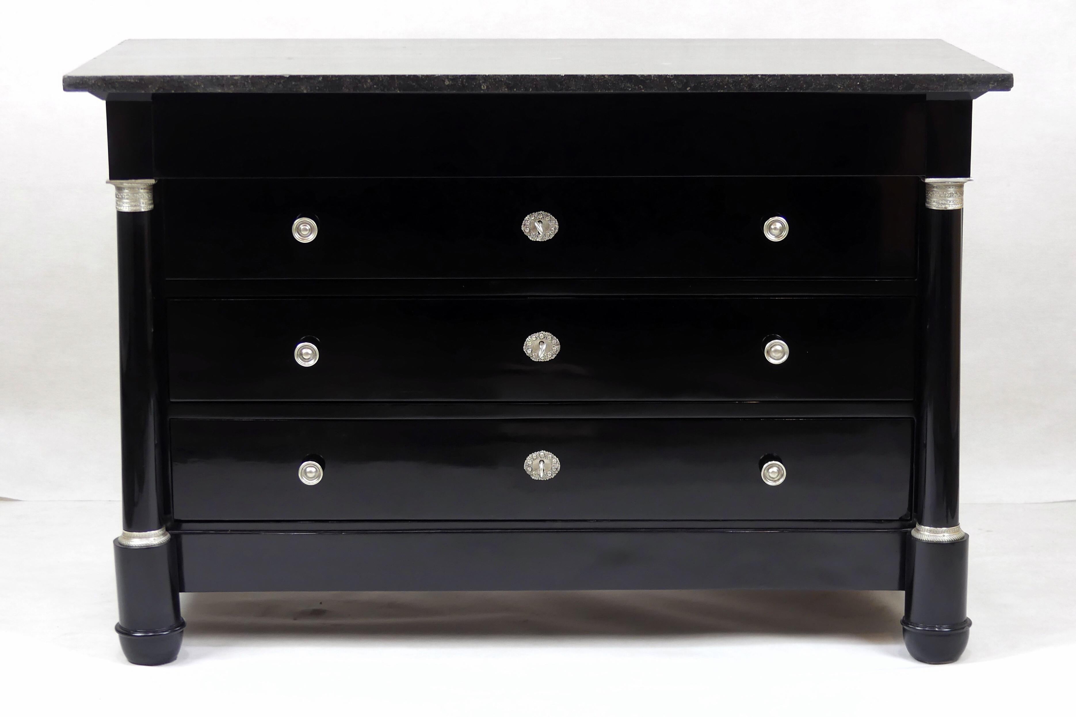 French Antique Black Ebonized Silver Empire Chest of Drawers from France, 19th Century For Sale