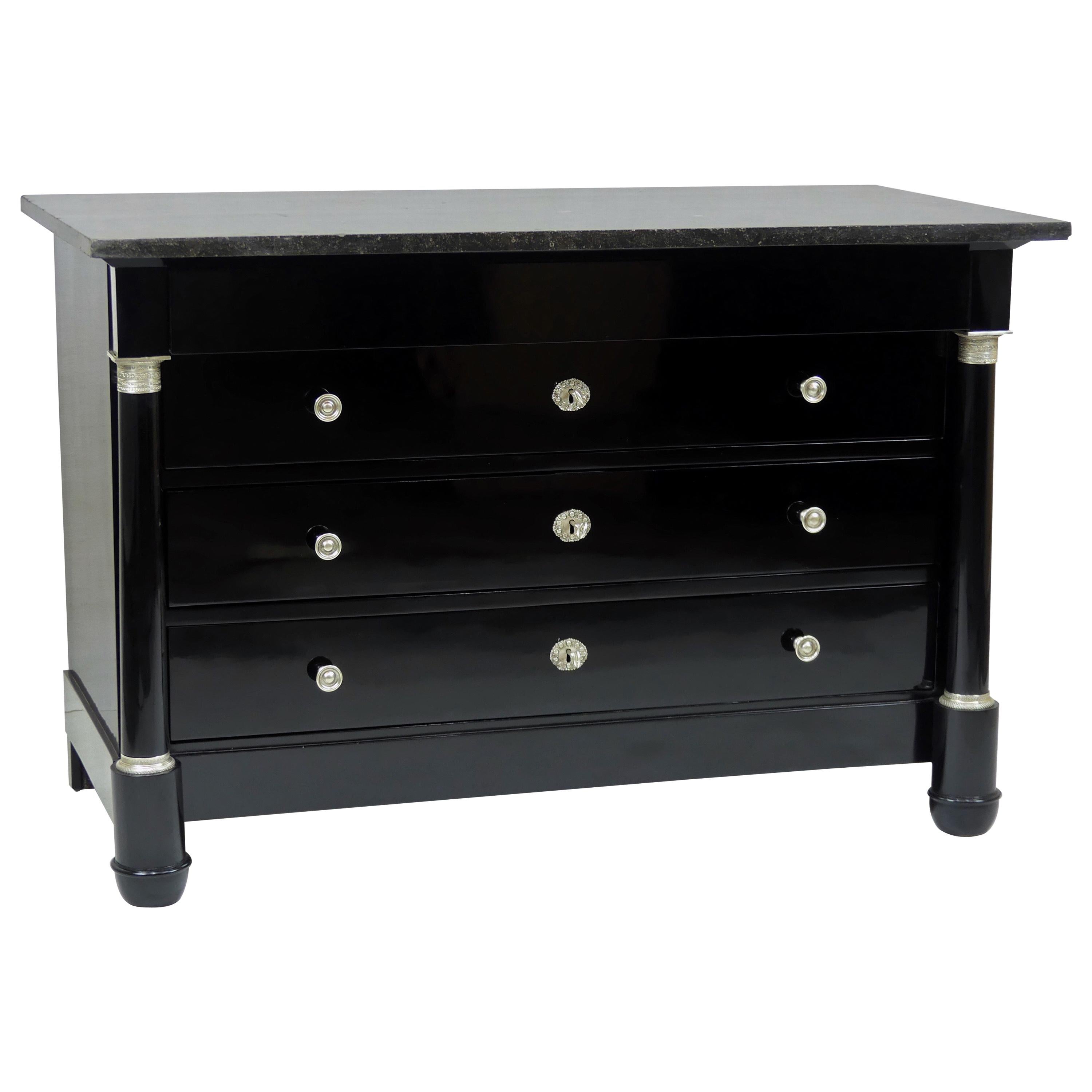 Antique Black Ebonized Silver Empire Chest of Drawers from France, 19th Century For Sale