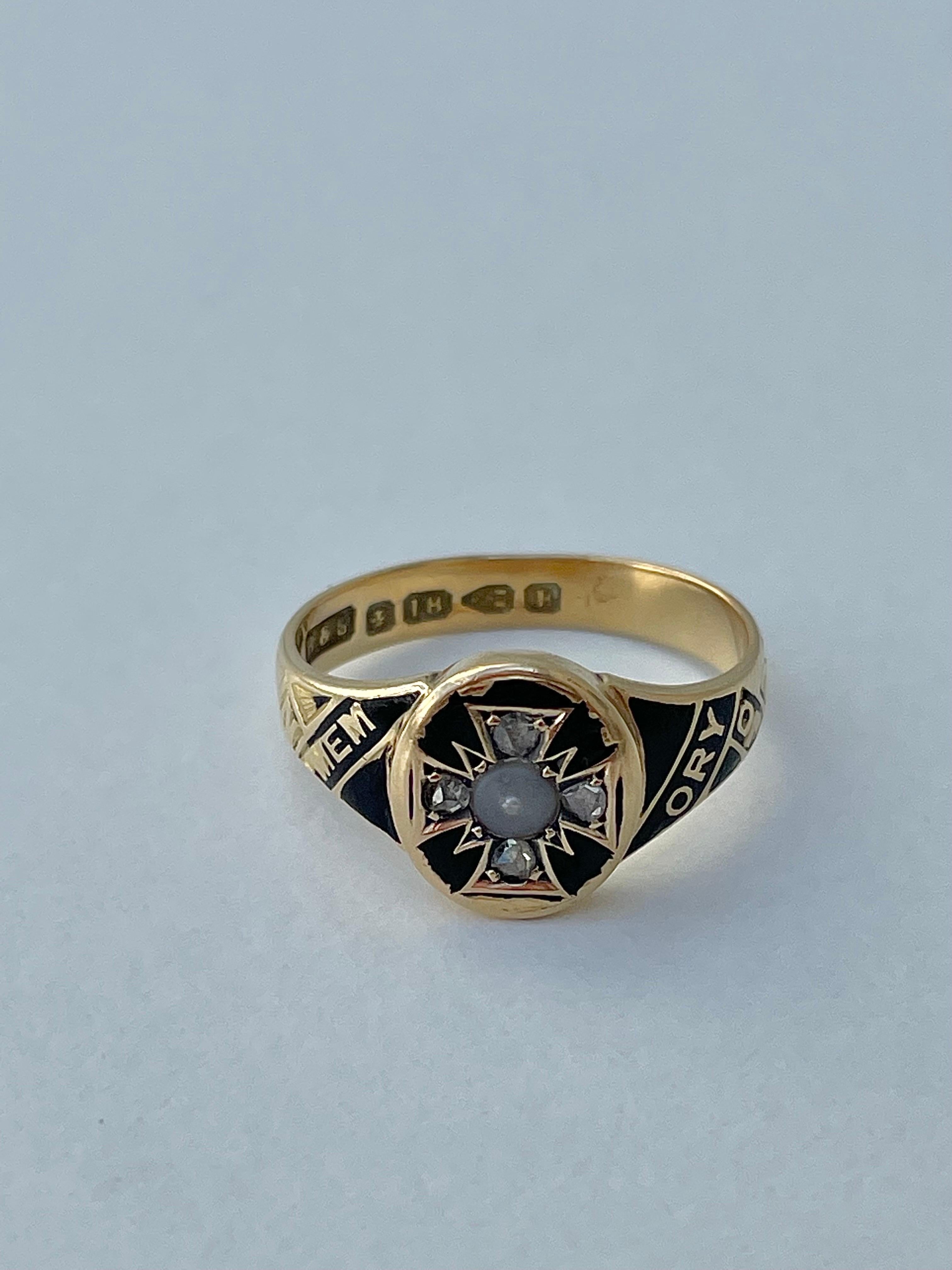 Antique Black Enamel Memory Ring with Pearl and Rose Cut Diamond, 18ct Yellow Gold 

inscribed “my dear parents who died sept 19th 1877 & march 27th 1886” 

sweet and charming ring 

The item comes without the box in the photos but will be presented