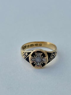 Antique Black Enamel 18ct Gold Memory Ring with Pearl and Rose Cut Diamond 1877