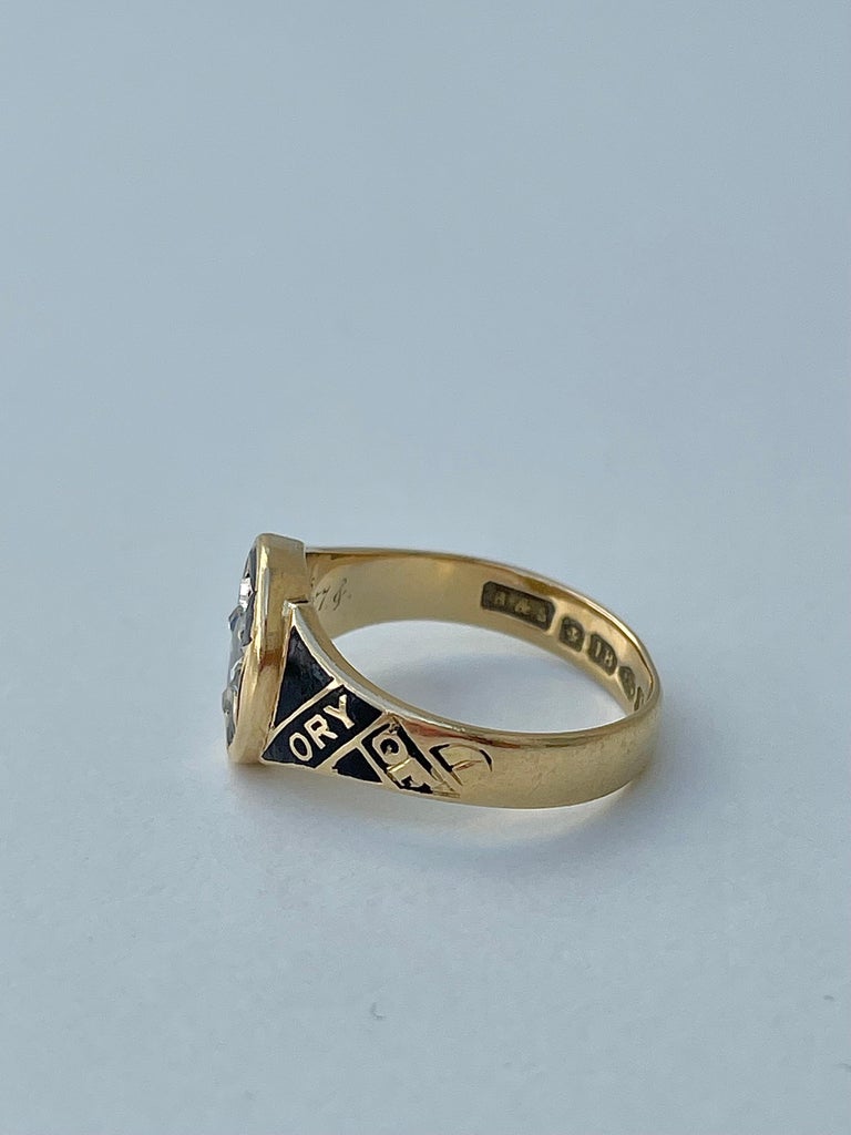 Antique Black Enamel 18ct Gold Memory Ring with Pearl and Rose Cut 