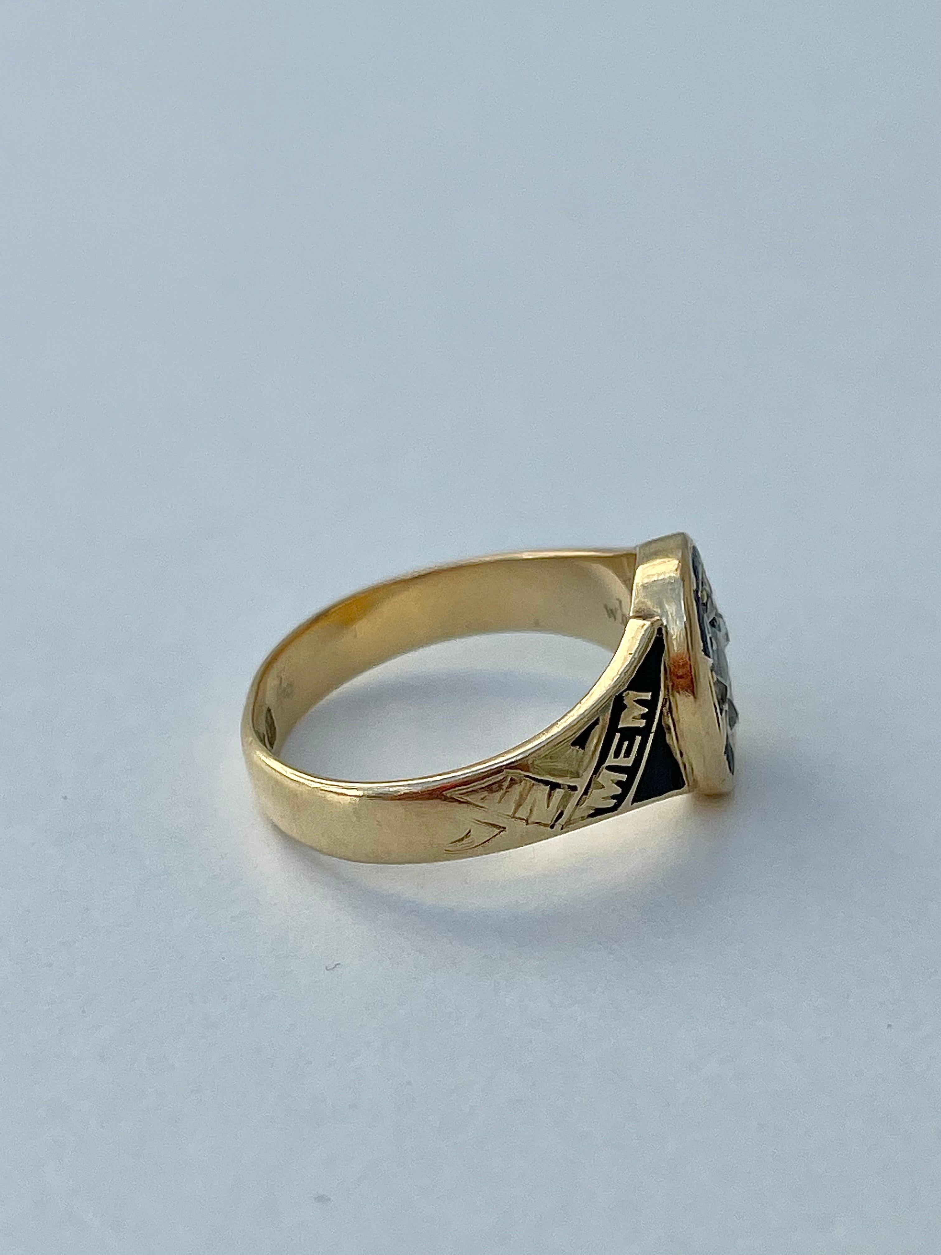 Victorian Antique Black Enamel 18ct Gold Memory Ring with Pearl and Rose Cut Diamond 1877 For Sale