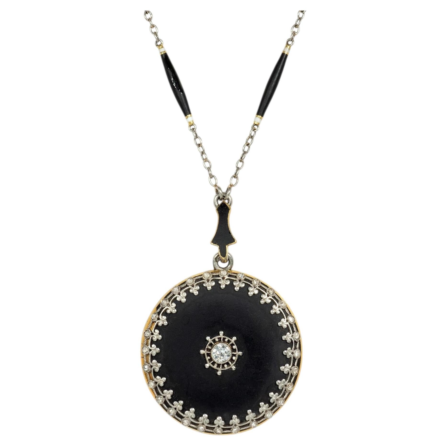 Antique Black enamel and diamond, locket necklace