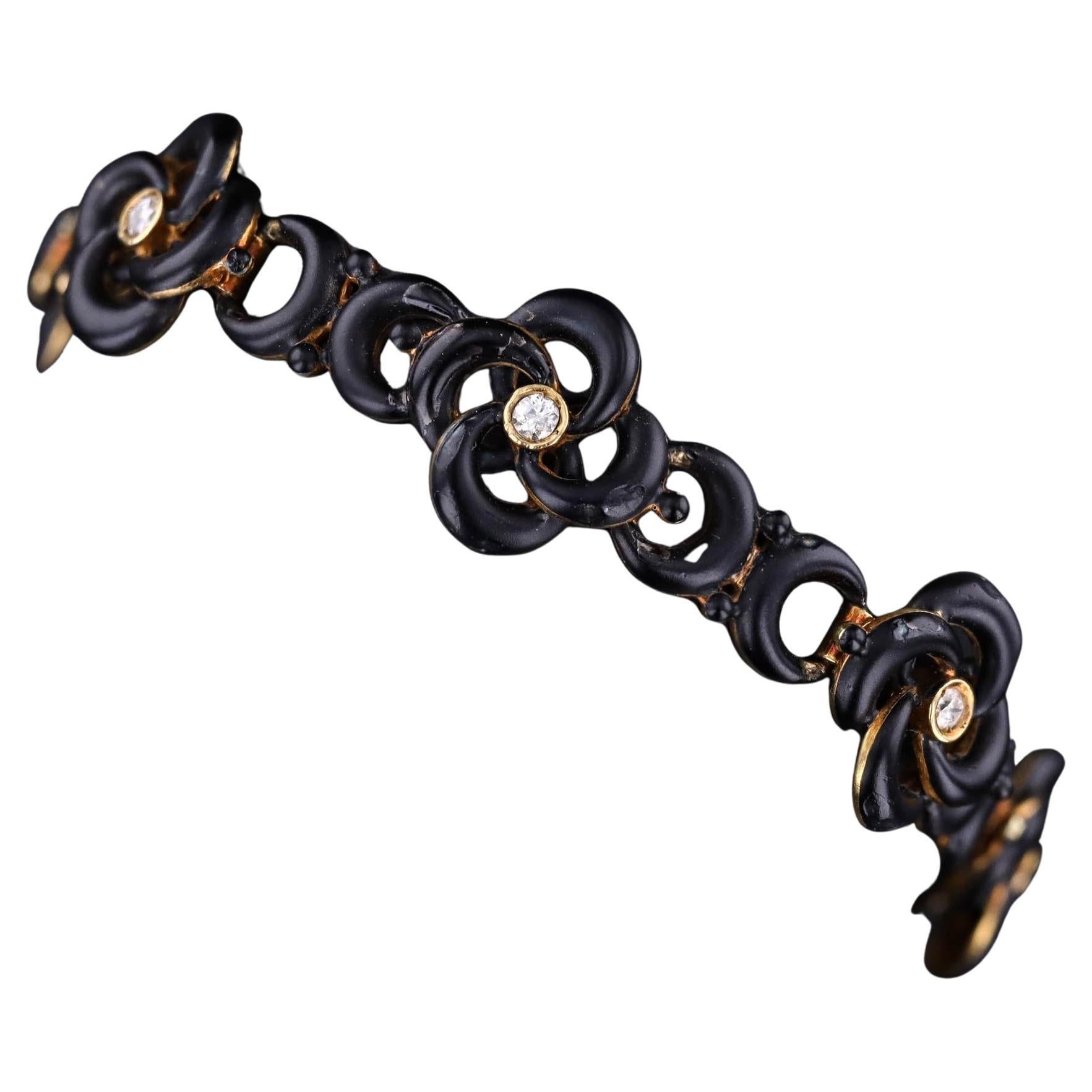 Antique Black Enamel and Diamond Love Knot Bracelet of 14k Gold For Sale