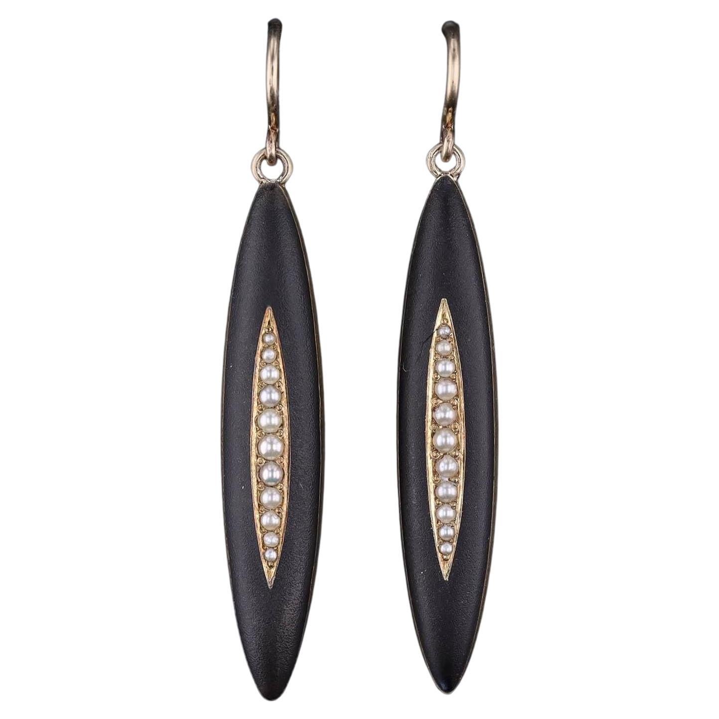 Antique Black Enamel and Pearl Earrings of 14k Gold