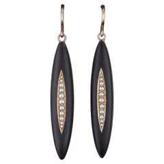 Antique Black Enamel and Pearl Earrings of 14k Gold