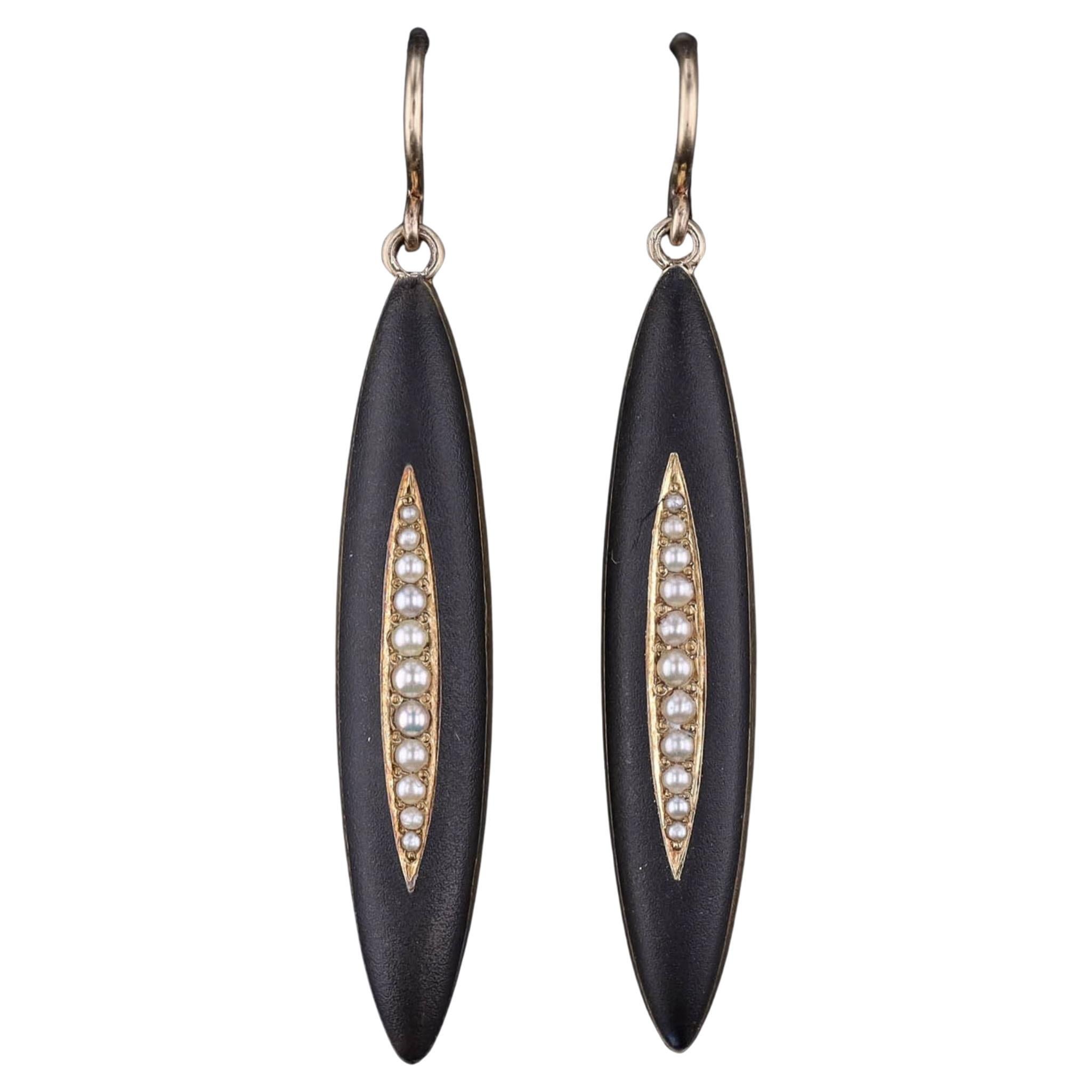 Orecchini antichi con smalto nero e perle in oro 14k