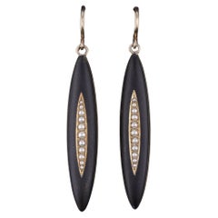 Antique Black Enamel and Pearl Earrings of 14k Gold