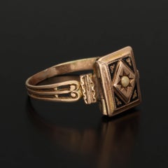 Antique Black Enamel and Pearl Gold Poison Ring, Antique Secret Compartment Ring