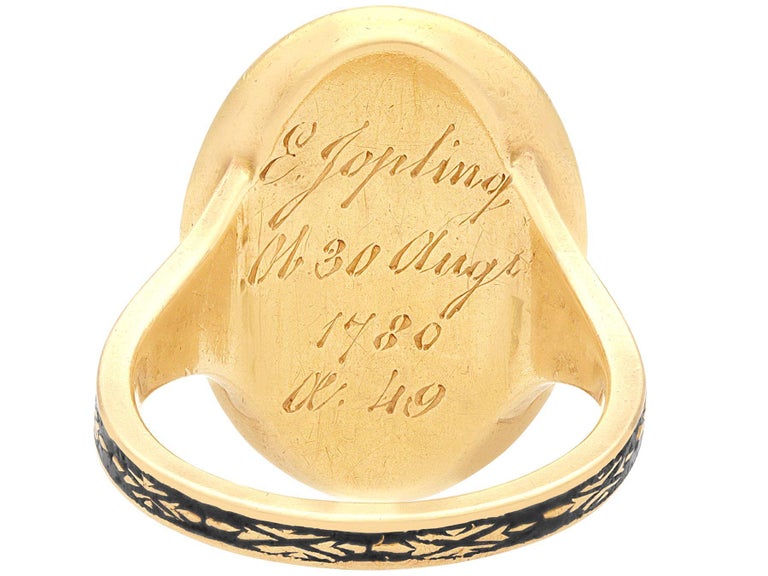 Antique Black Enamel and Yellow Gold Sepia Mourning Ring, Circa 1780 For Sale 1