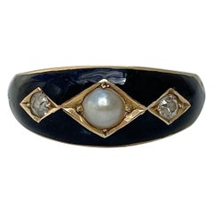 Antique Black Enamel Diamond & Pearl 3 Stone Ring in 18ct Yellow Gold
