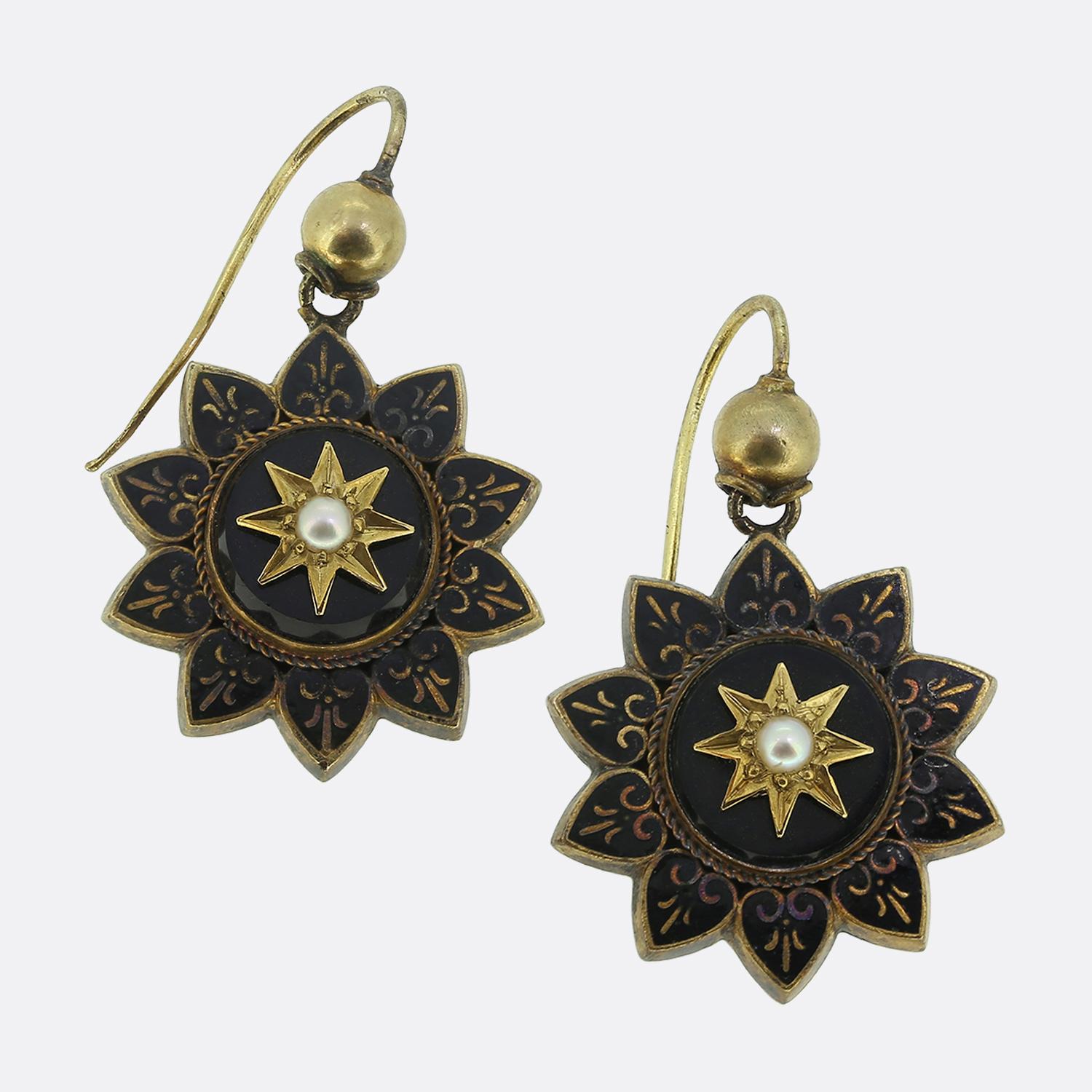 Antique Black Enamel Onyx Pearl Earrings In Good Condition For Sale In London, GB