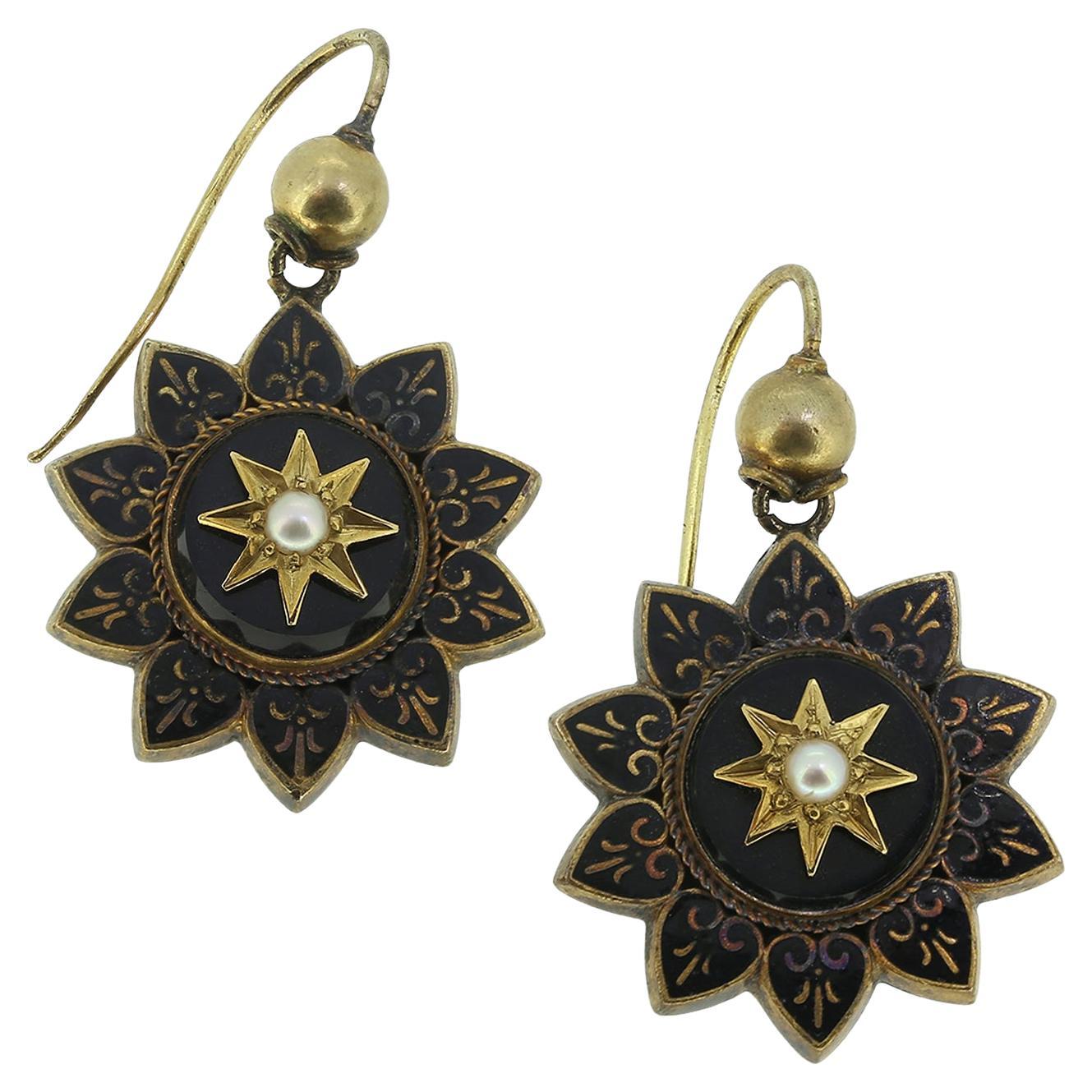 Antique Black Enamel Onyx Pearl Earrings For Sale