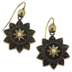 Antique Black Enamel Onyx Pearl Earrings