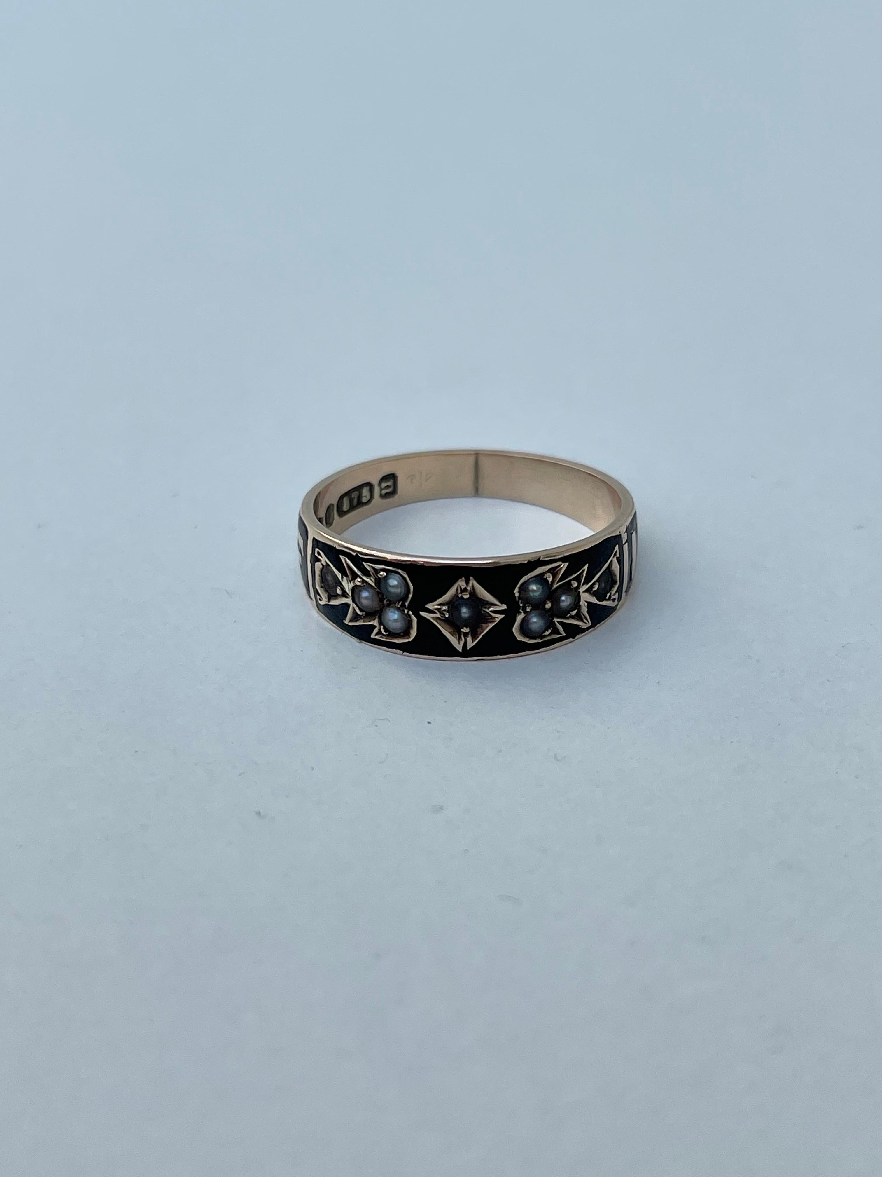 Antique Black Enamel Pearl Ring in 9ct Yellow Gold 

“in memory of” ring, charming and chunky 

The item comes without the box in the photos but will be presented in a gembank1973 gift box

Measurements: weight 2.68g, size O1/2, height off finger